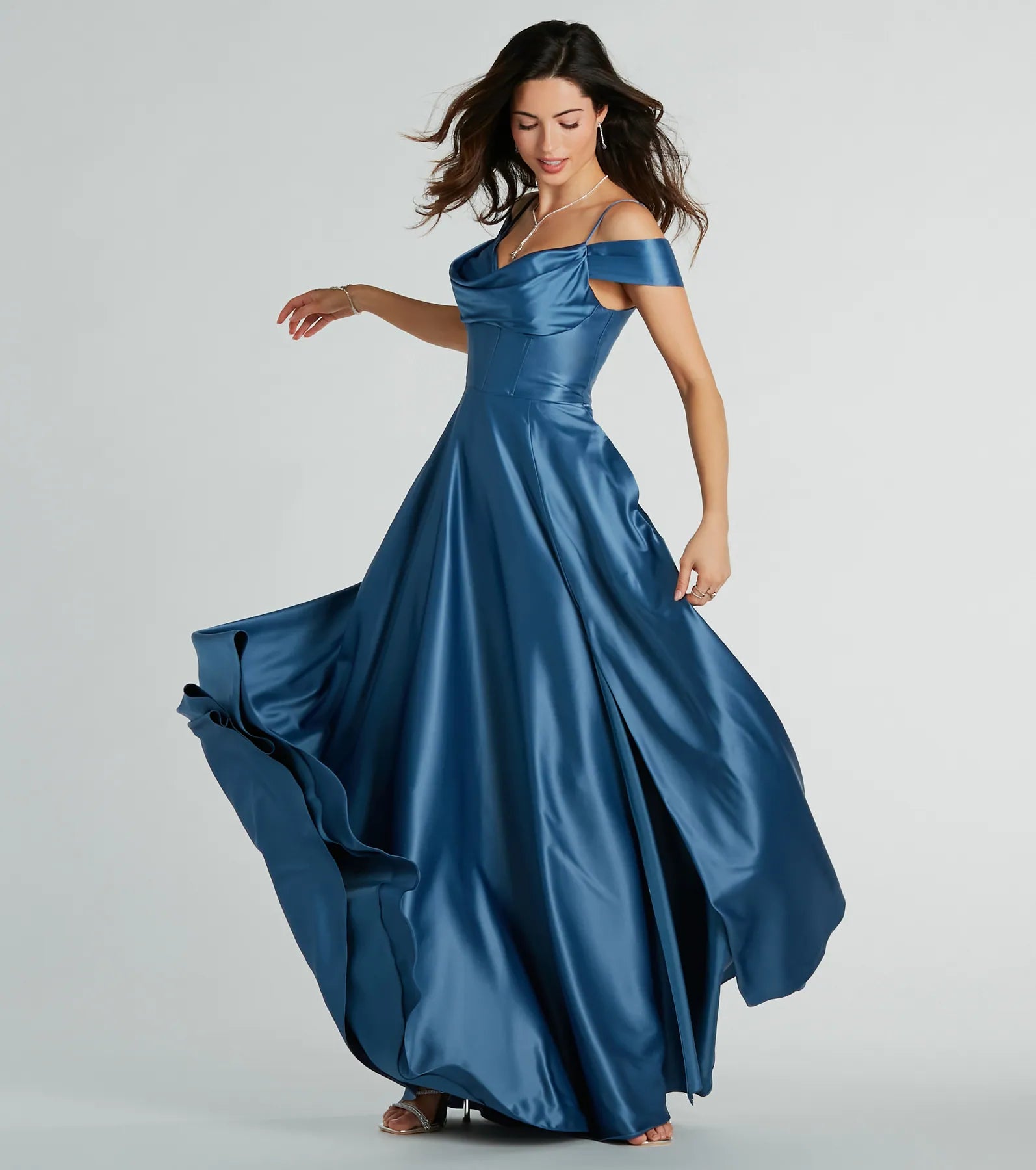 Premium Alira Satin Cold Shoulder A-Line Gown