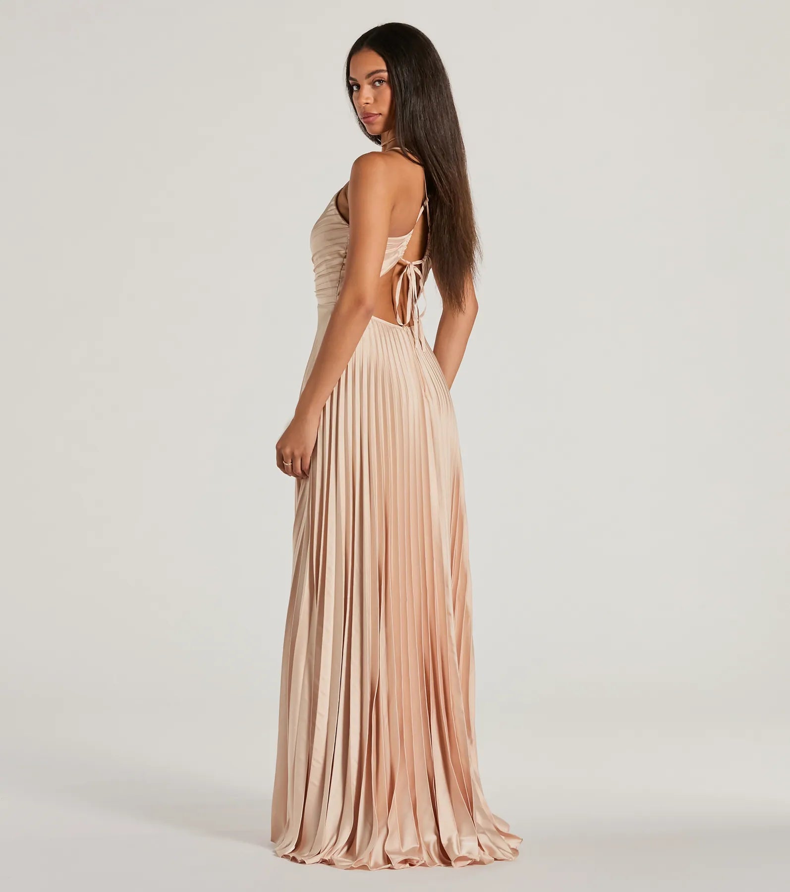 Charlie Luxe Lace-Up A-Line Pleated Satin Evening Gown