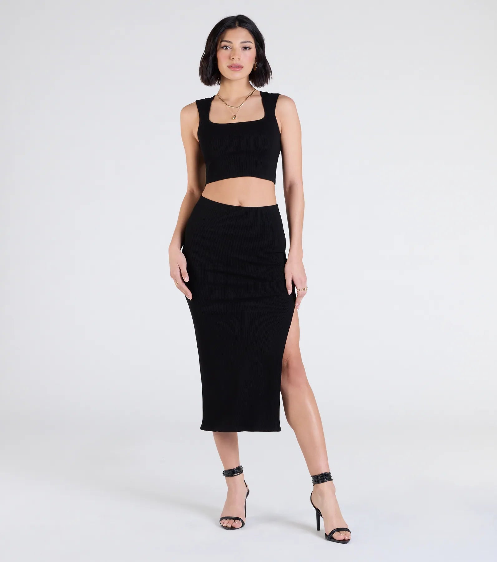 Premium Ribbed Knit Midi Skirt with High Slit