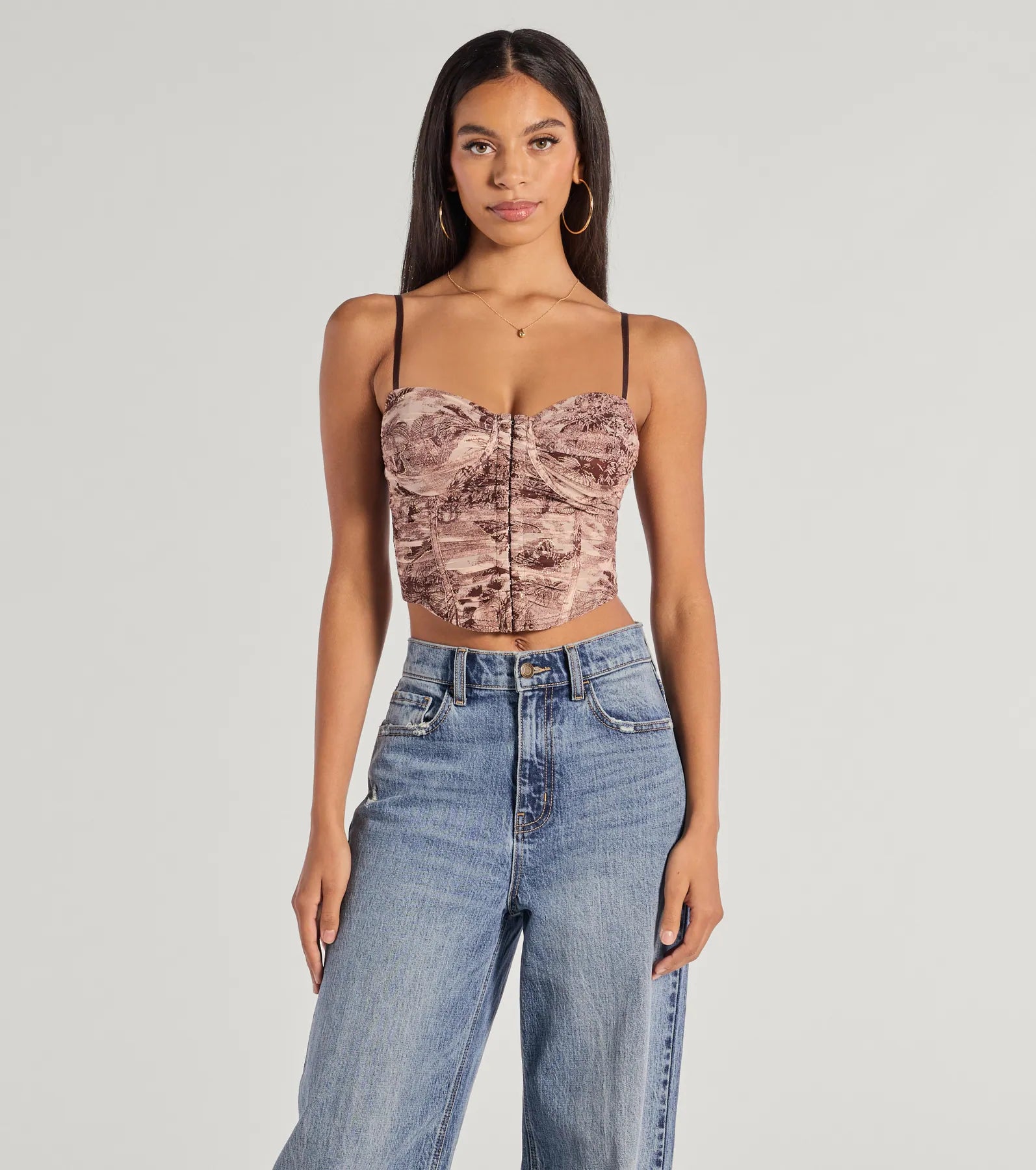 Premium Scenic Print Mesh Bustier Top - Stunning Nature-Inspired Design