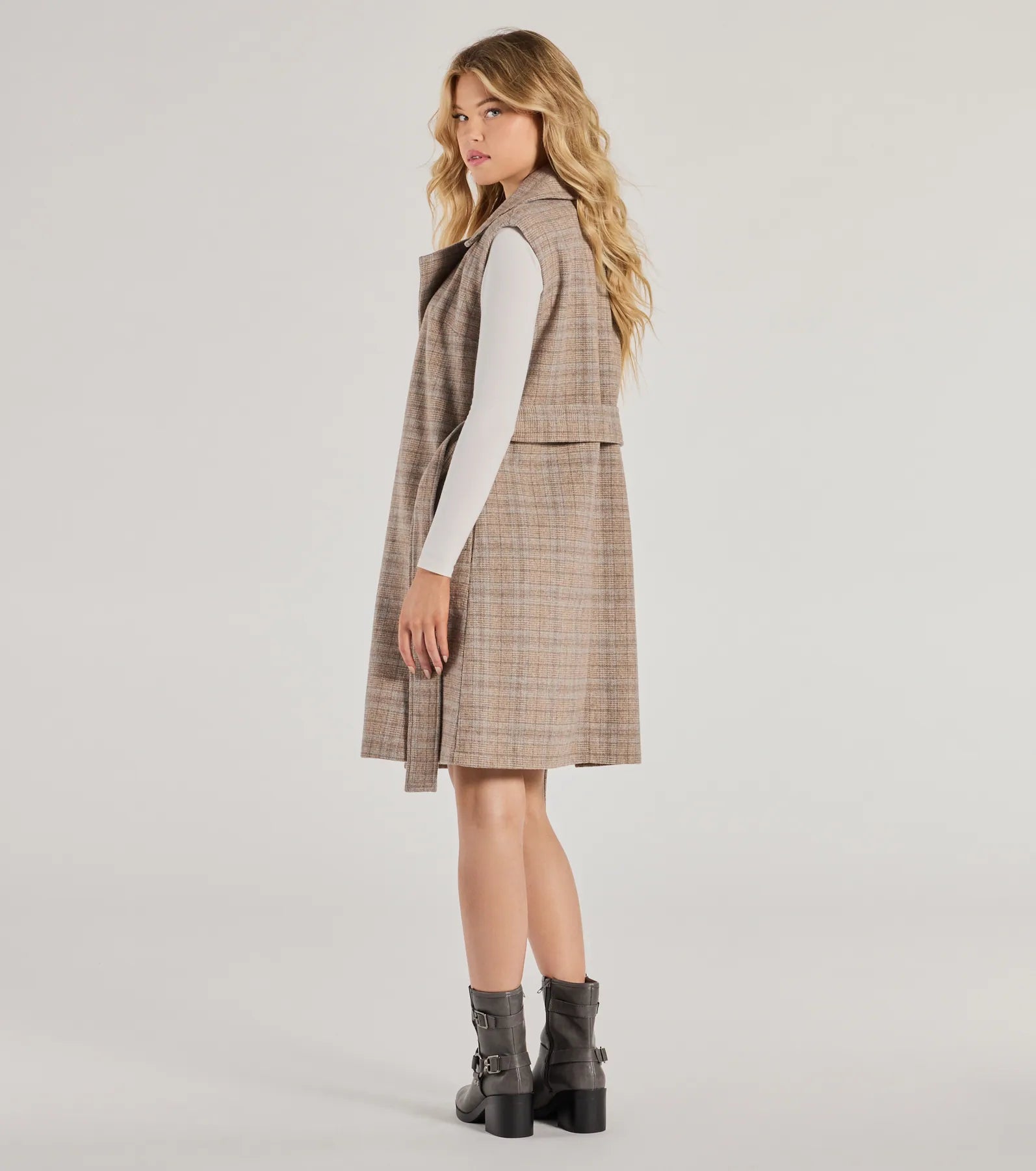 Premium Plaid Faux Wool Long Belted Vest - Ultimate Style Upgrade