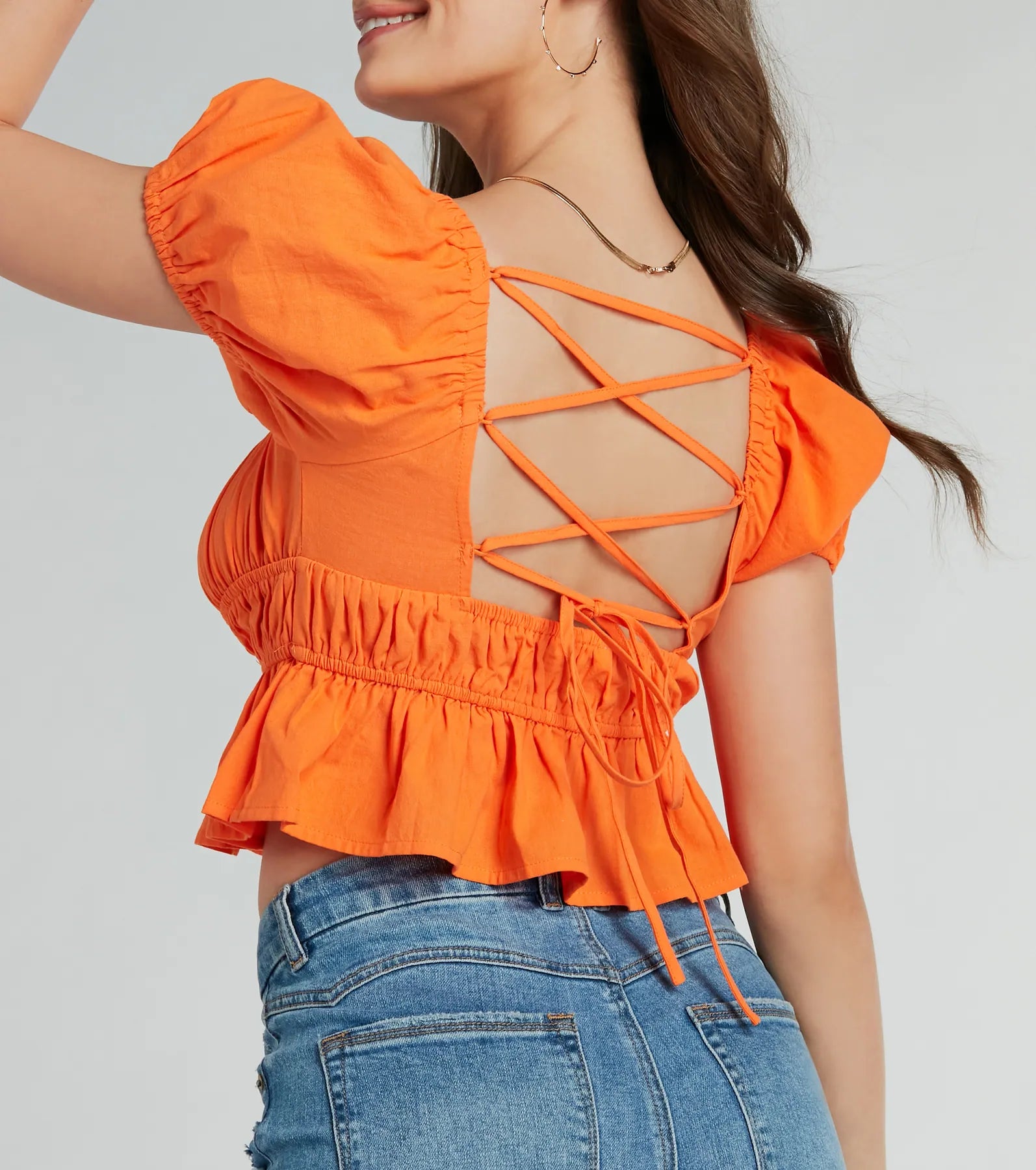 Premium Puff Sleeve Lace-Up Peplum Crop Top - Ultimate Flirty Style