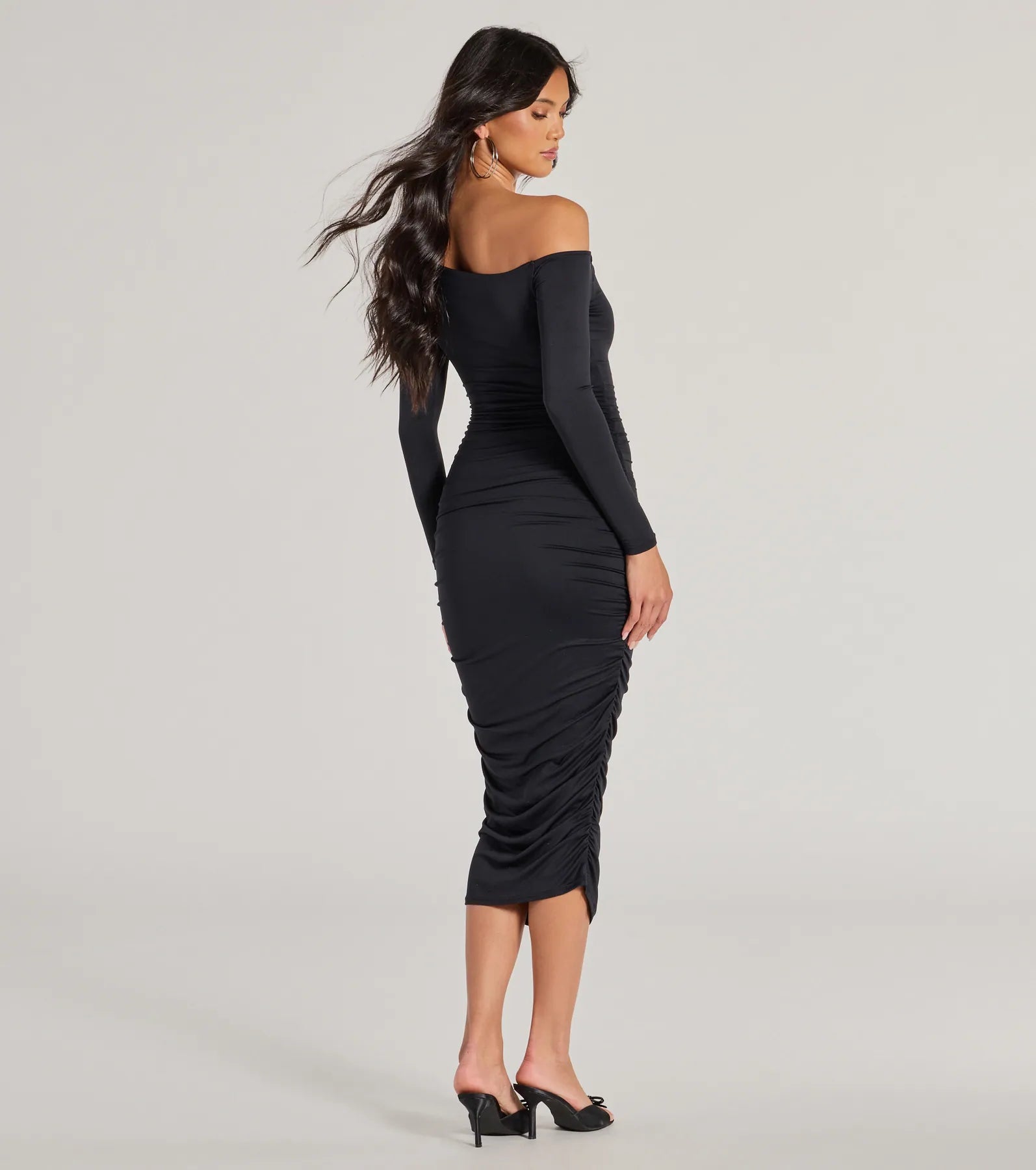 Ultimate Dinner Date Off-The-Shoulder Long Sleeve Midi Dress