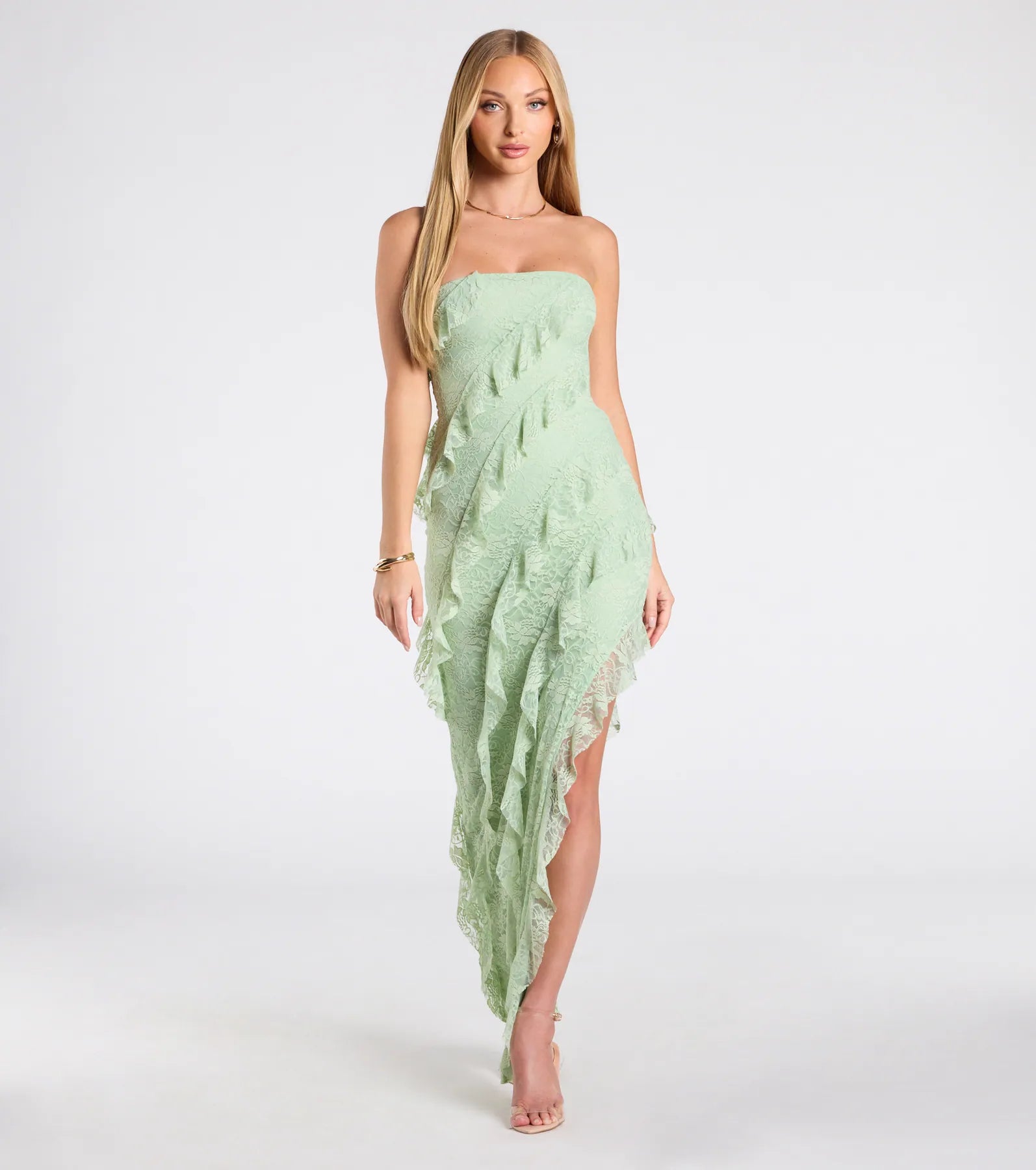 Ellie Premium Ruffled Lace High Slit Formal Dress