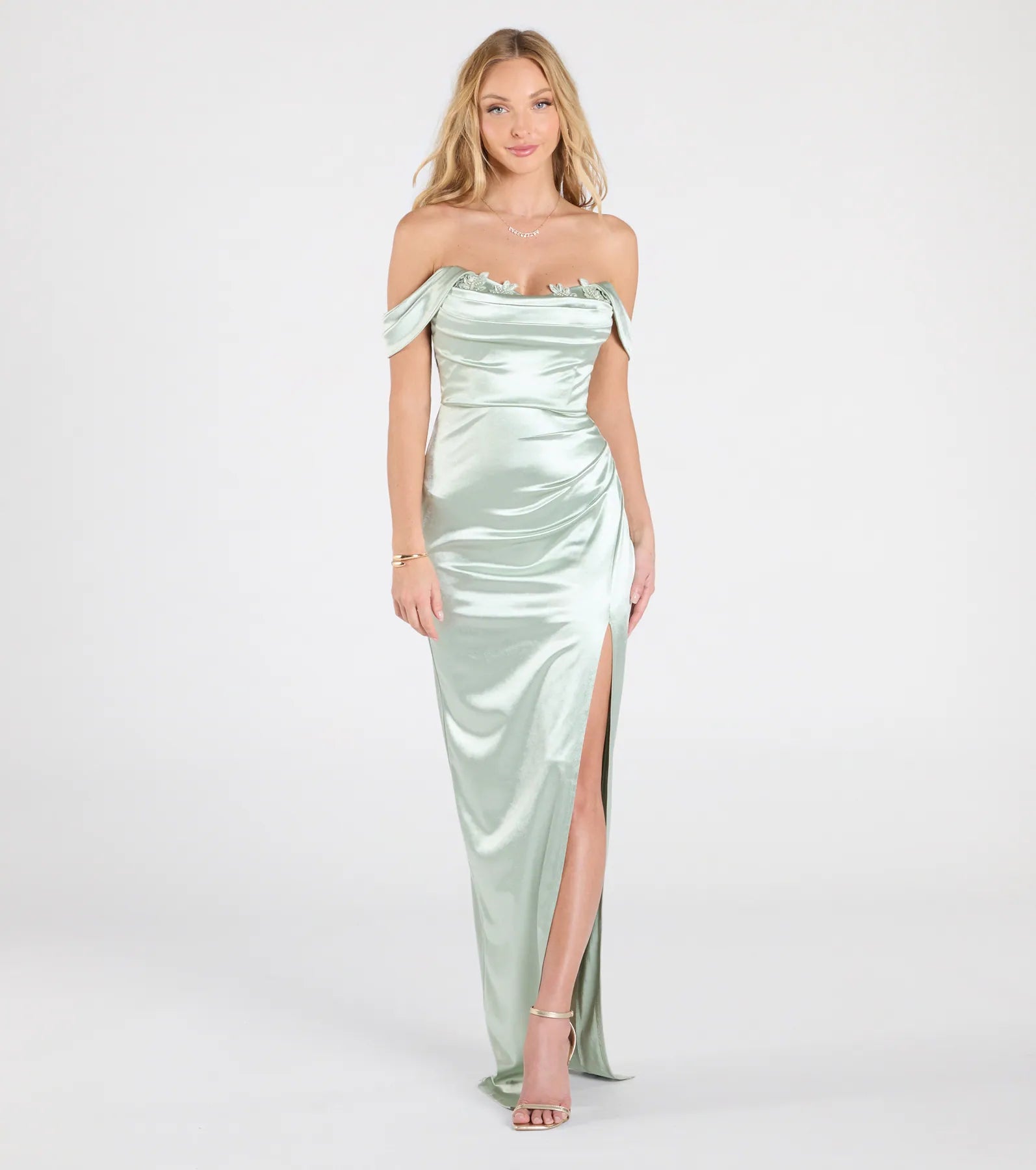 Phoebe Elegance: Off-The-Shoulder Lace-Up Satin Evening Gown