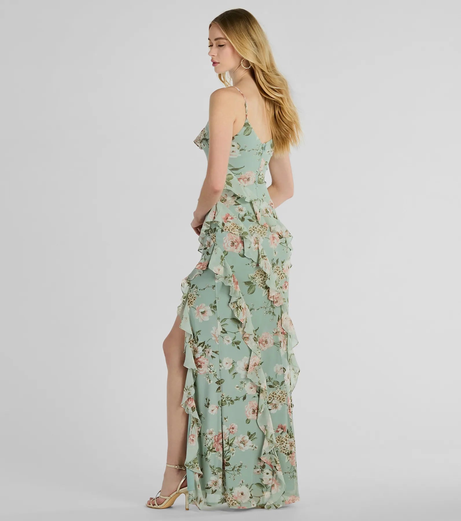 Premium Helga V-Neck Ruffled Mermaid Floral Formal Dress