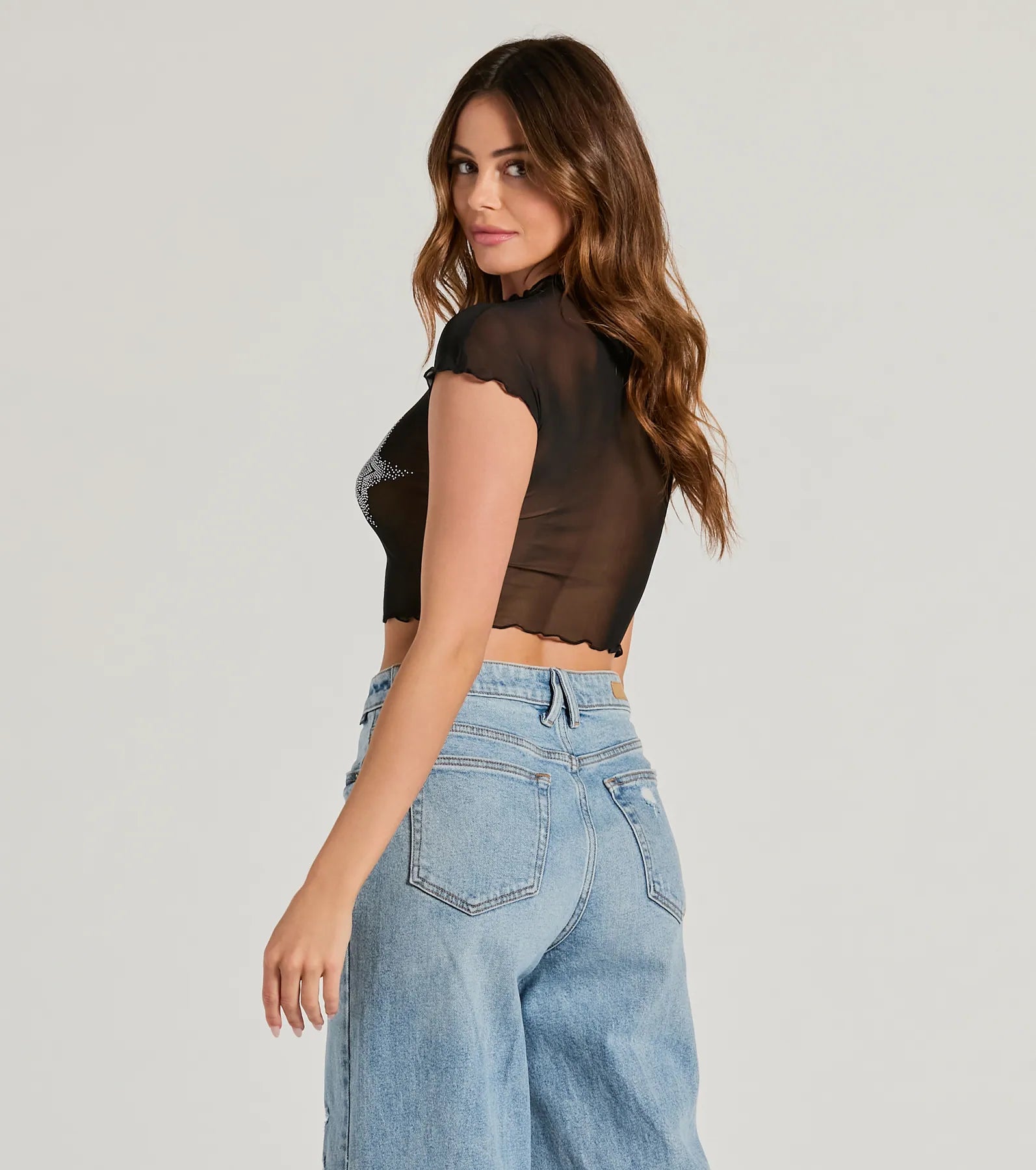Ultimate Born Star Rhinestone Sheer Mesh Crop Top
