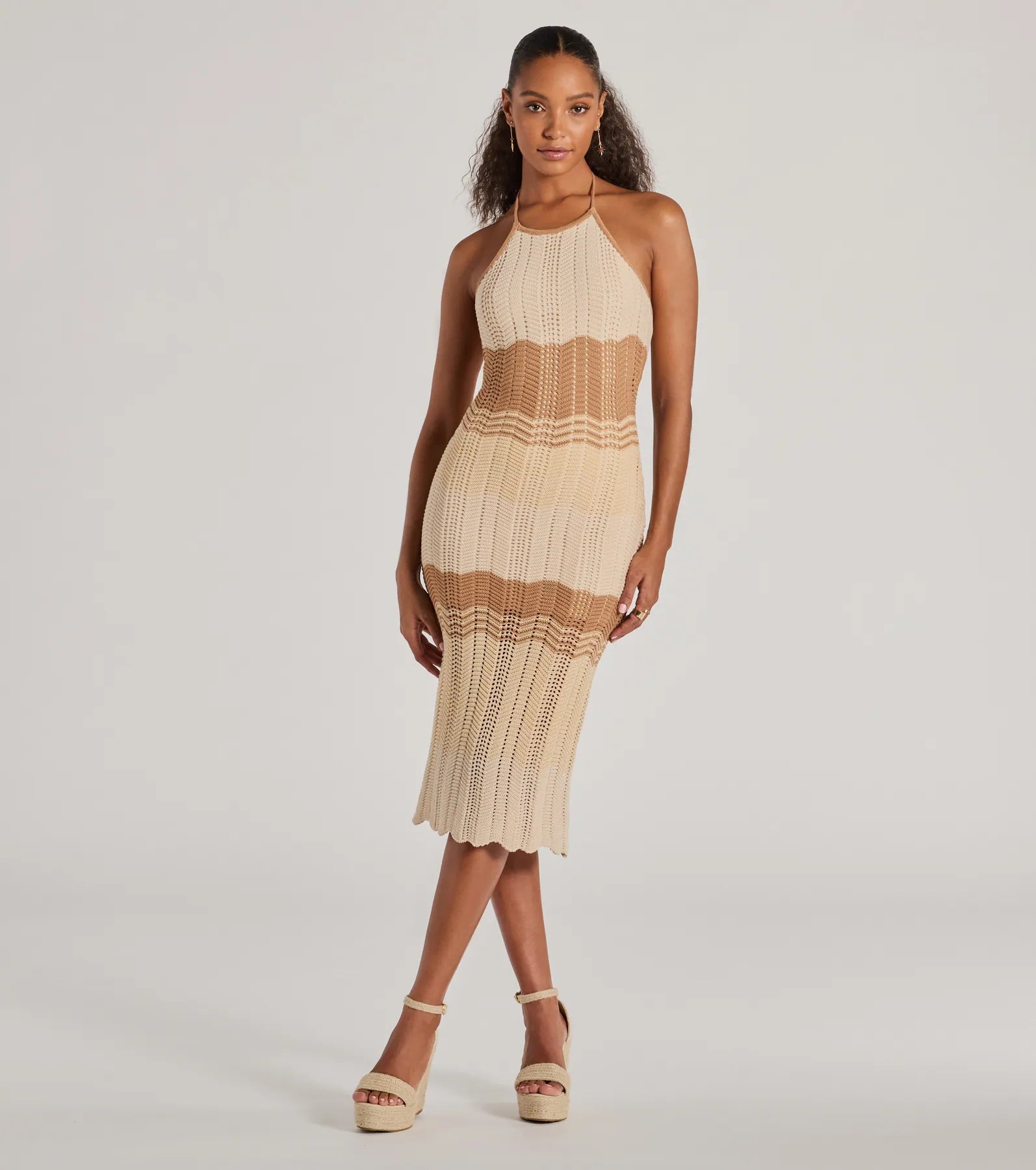 Ultimate Striped Crochet Halter Midi Dress - Beach & Vacation Essential