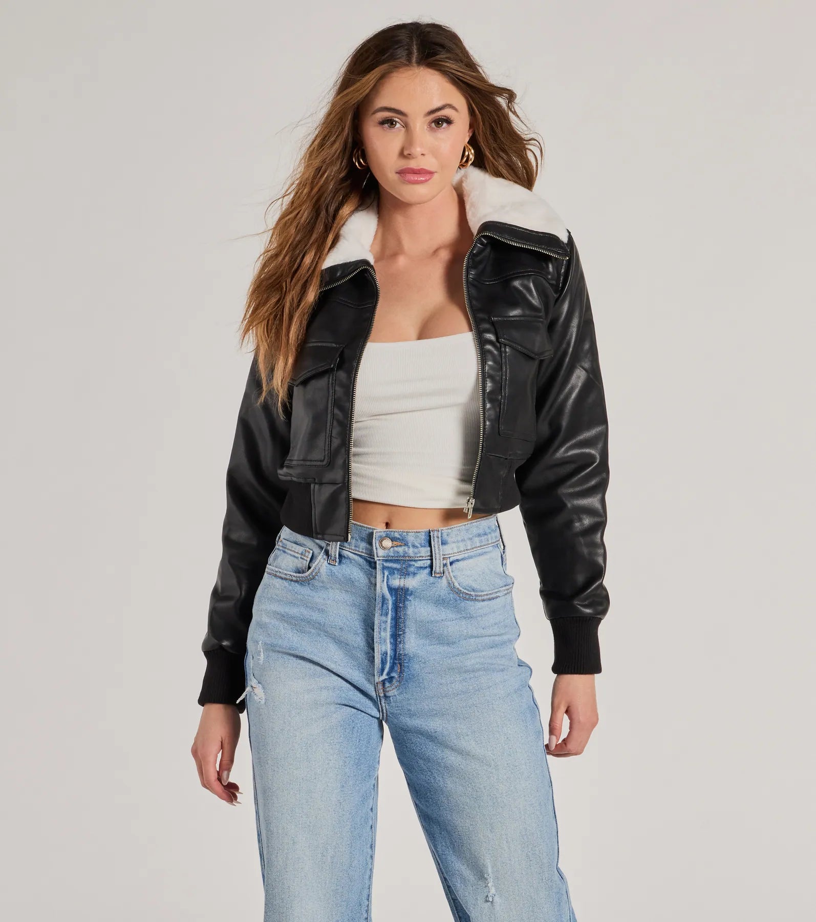 Premium Faux Leather Bomber Jacket with Sherpa Collar