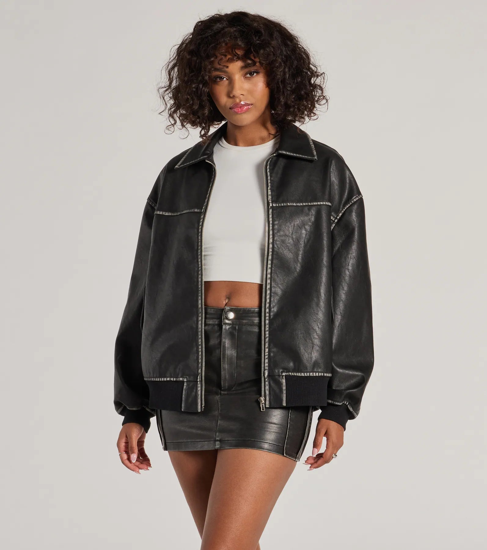 Premium Vintage Faux Leather Oversized Bomber Jacket - Ultimate Chic Style