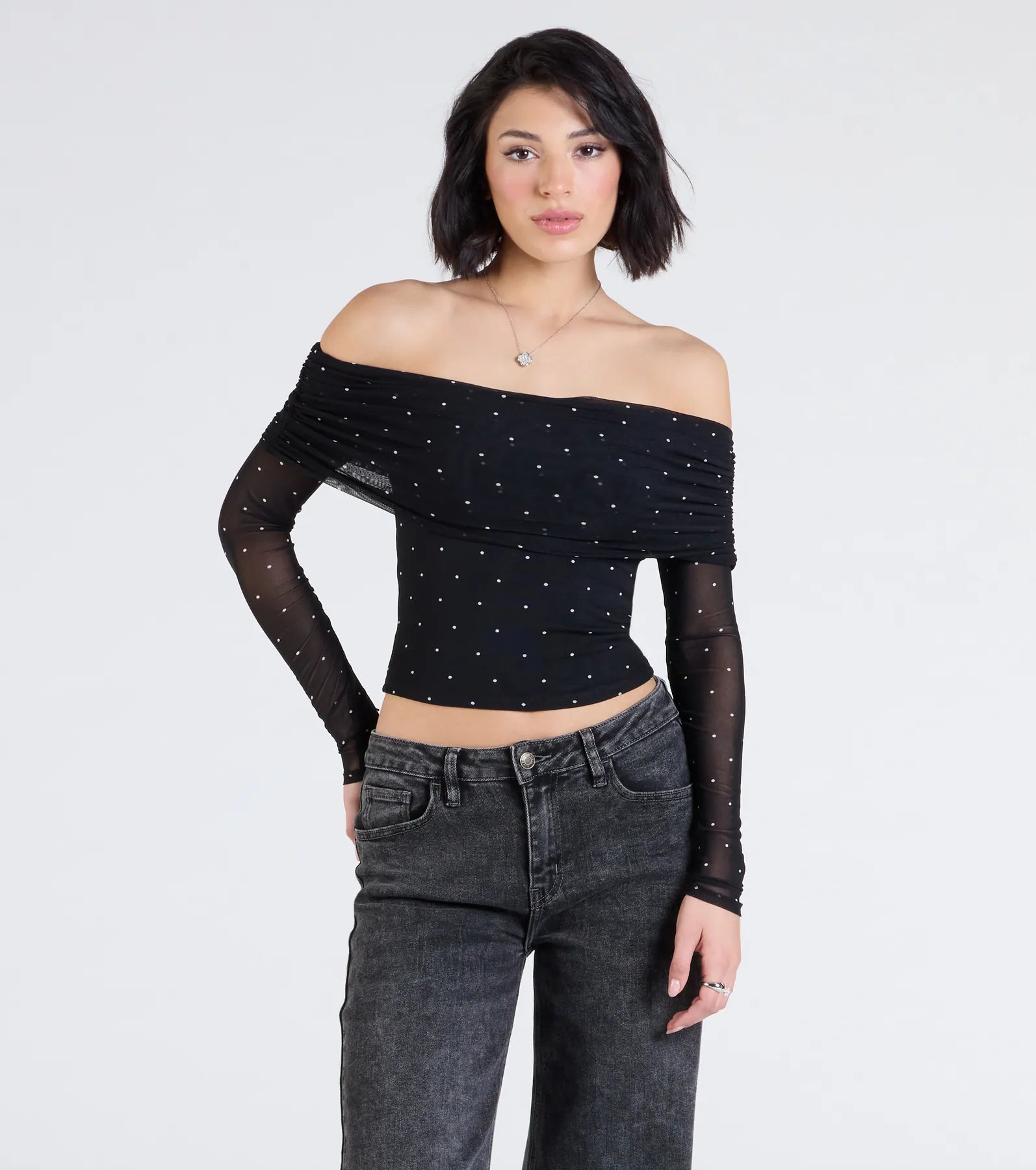 Premium Chic Off-The-Shoulder Polka Dot Crop Top