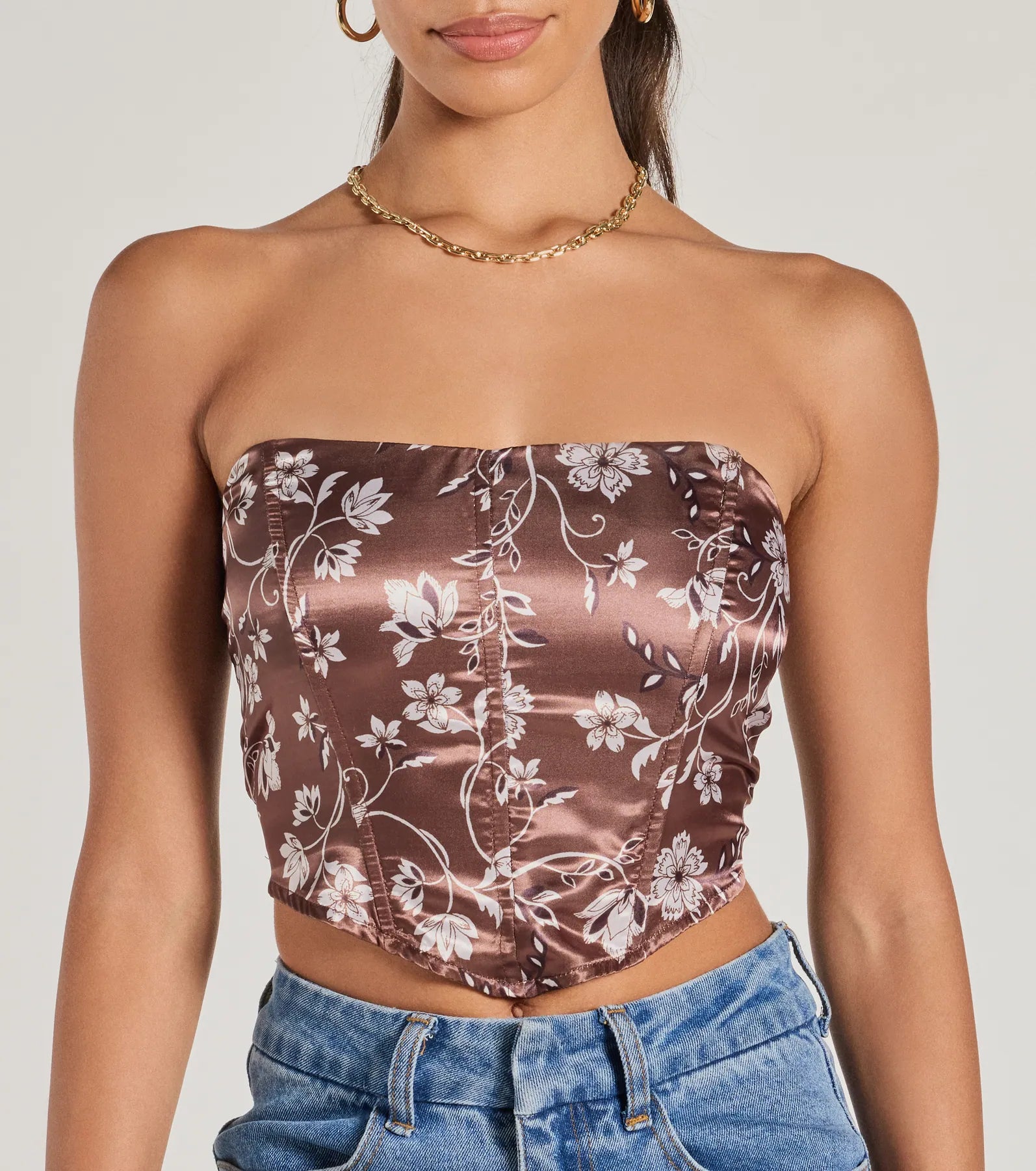 Ultimate Chic Sheen Floral Satin Strapless Corset Top