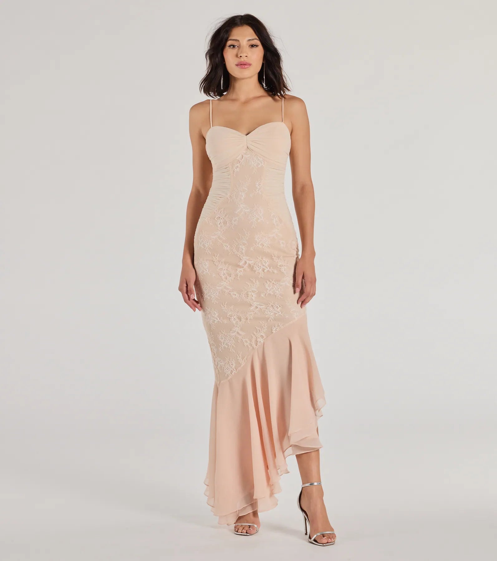 Premium Brinley Lace Chiffon Asymmetric Mermaid Dress – Ultimate Elegance