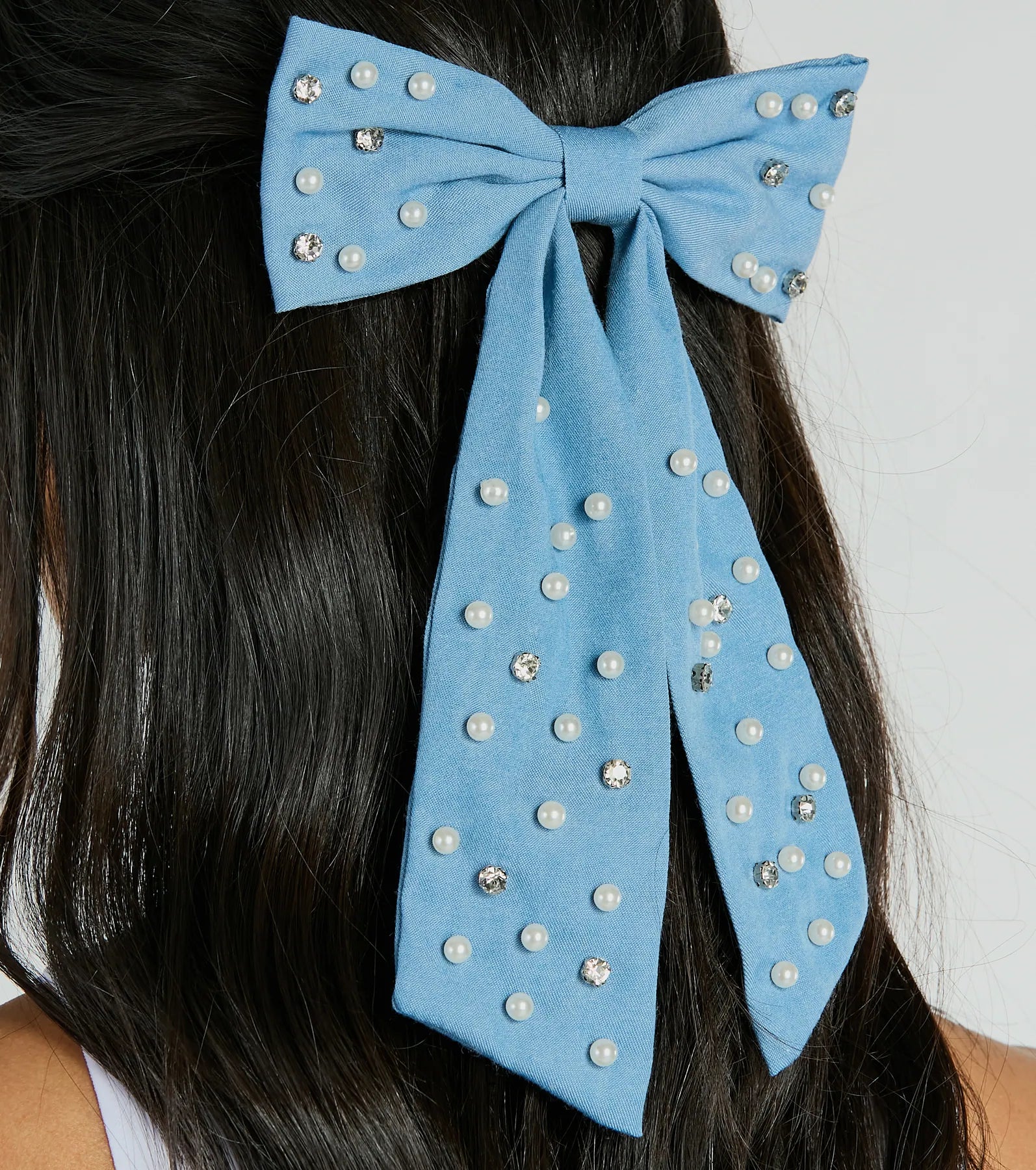 Premium Faux Pearl Denim Hair Bow Barrette with Rhinestones