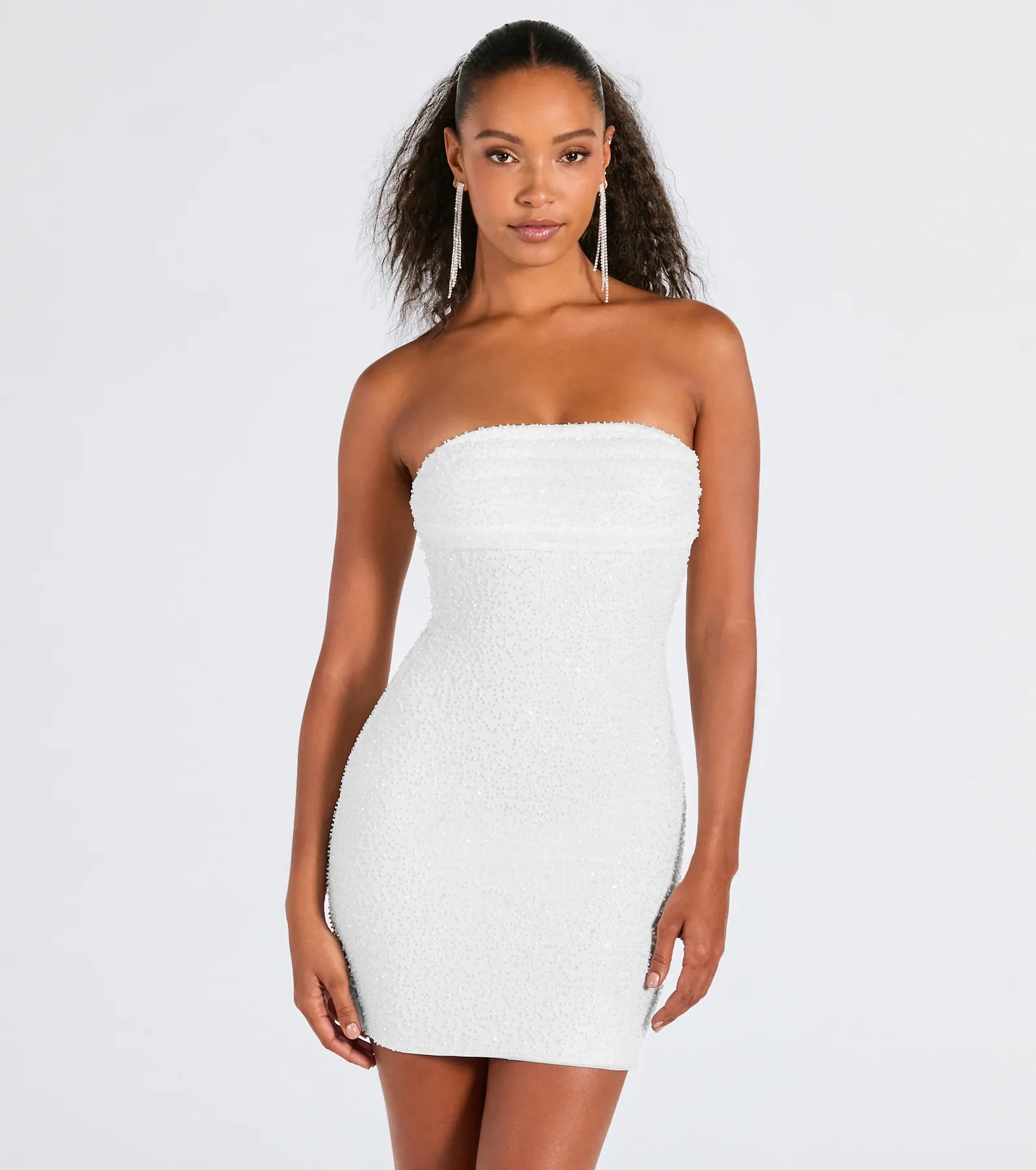 Premium Lena Strapless Bodycon Dress with Beaded Mesh Detail