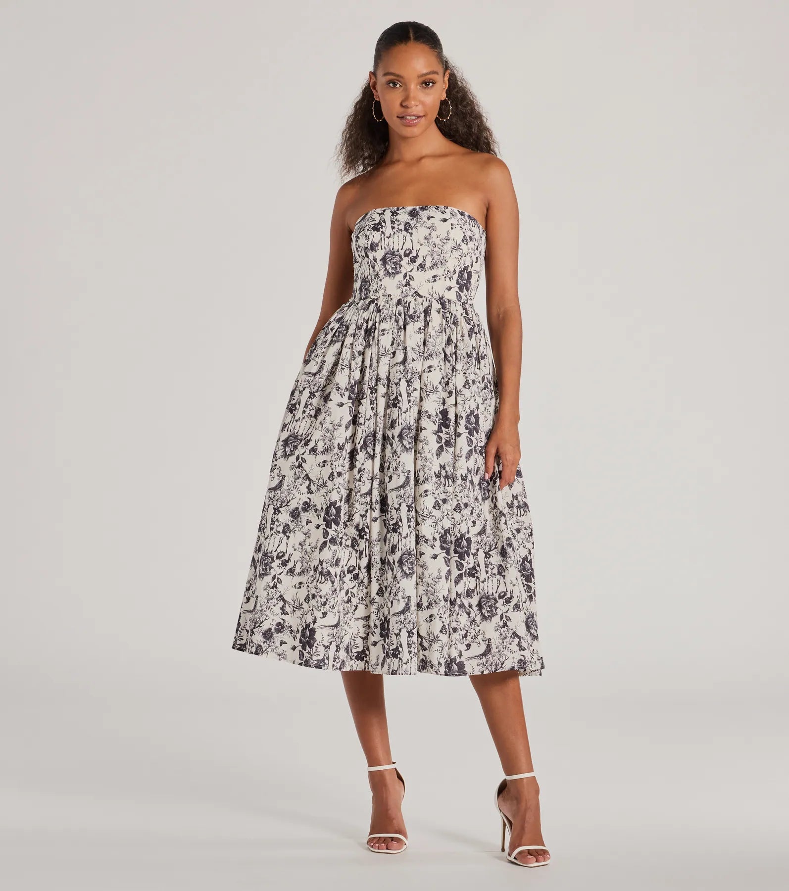 Premium Floral Forest Strapless Midi Dress – Ultimate A-Line Style