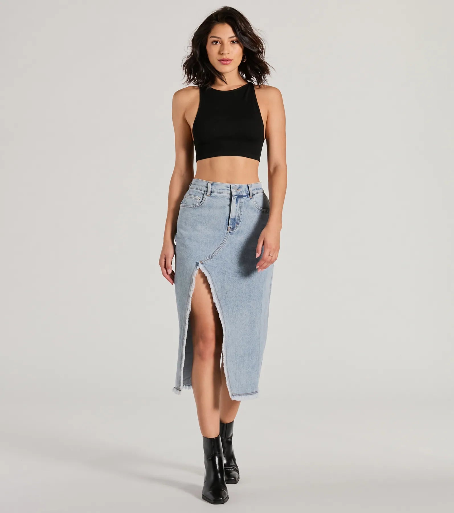 Ultimate Cool Composure High-Rise Denim Skirt with Frayed Slits