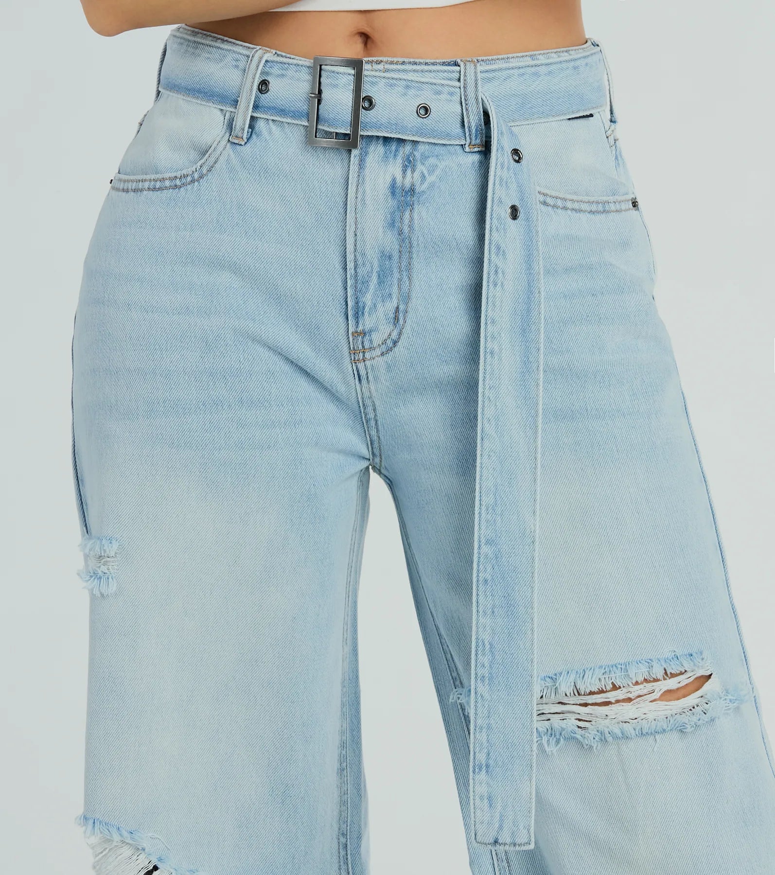 Ultimate Cool Vibes High-Rise Belted Distressed Wide-Leg Jeans