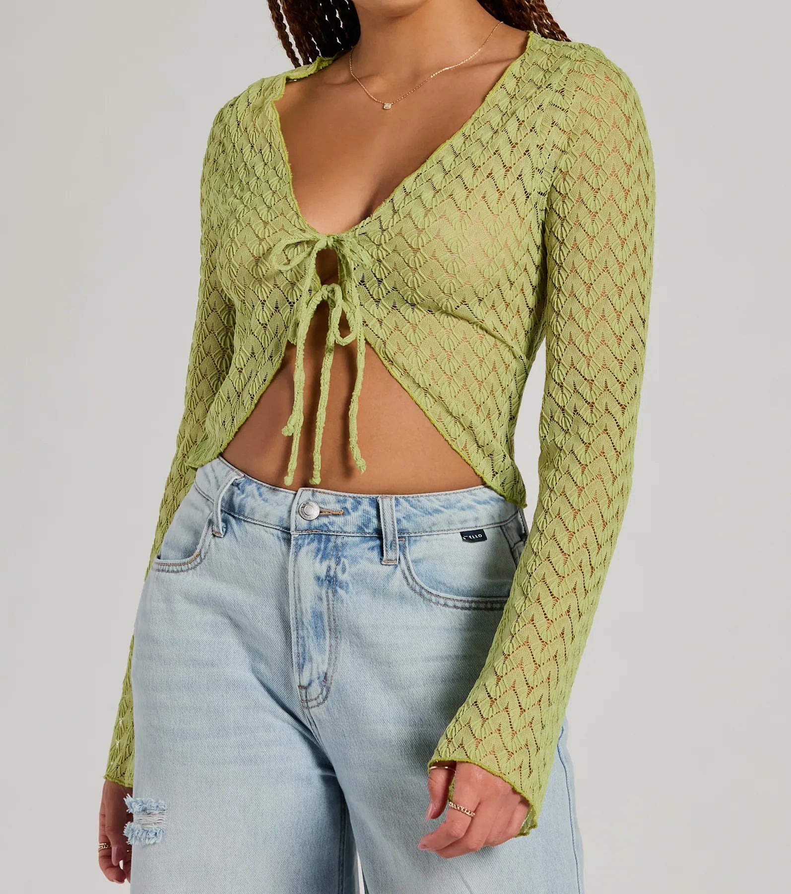 Ultimate Cabana Honey Tie Front Crochet Crop Sweater