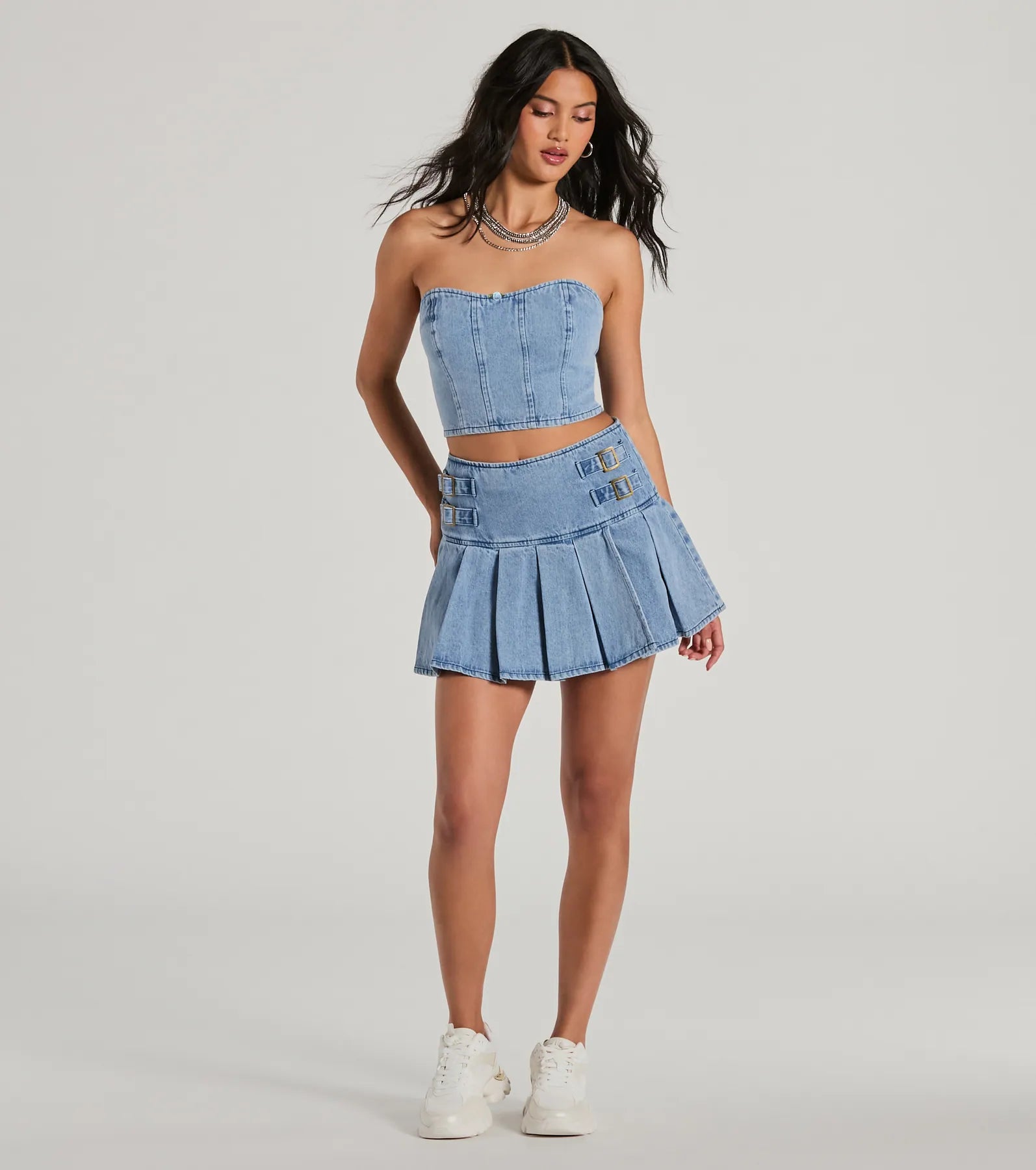 Ultimate Flirty Duo High-Rise Buckle Pleated Denim Mini Skirt