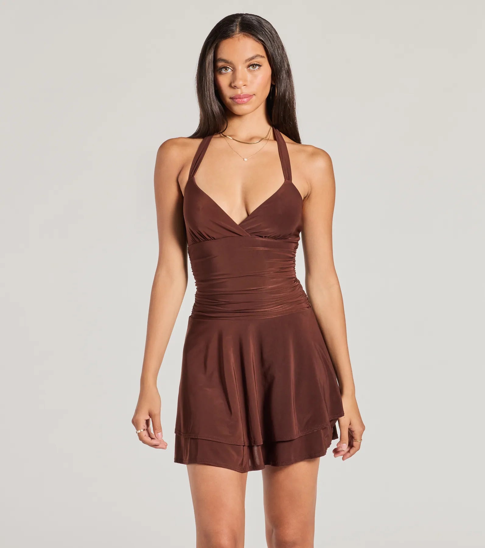 Ultimate Sassy Style Ruched Knit Halter Skater Dress