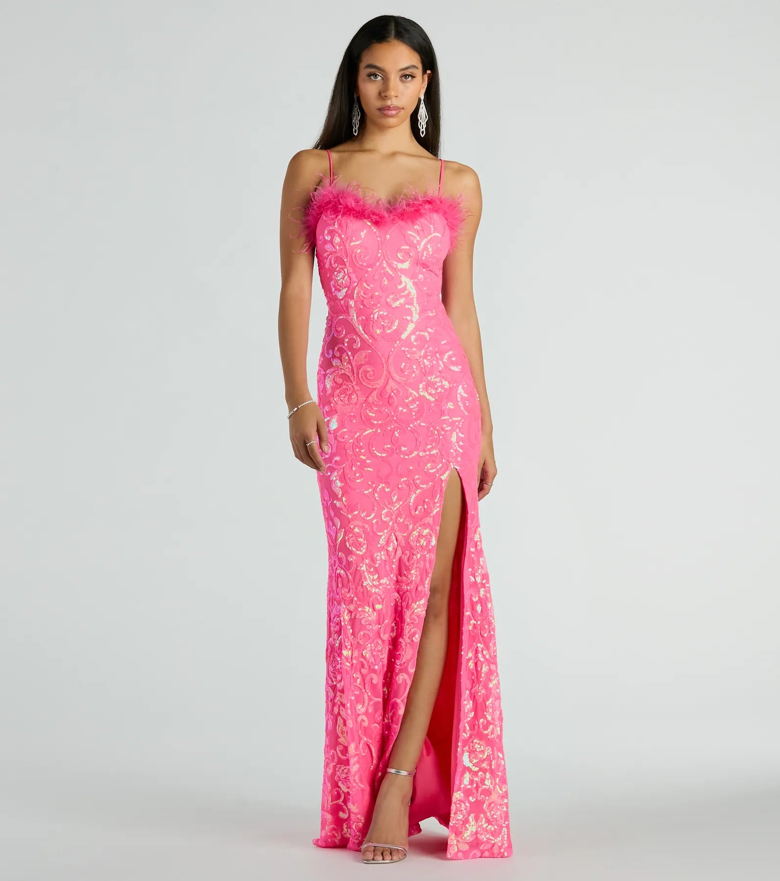 Premium Cara Marabou Trim Mermaid Sequin Gown - Ultimate Elegance