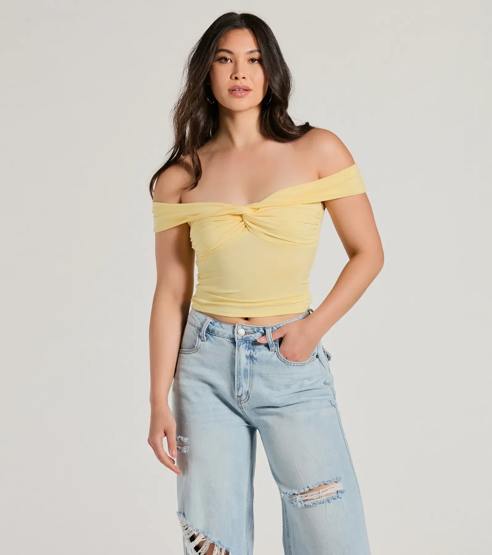 Ultimate Trendy Twist-Front Off-The-Shoulder Crop Top