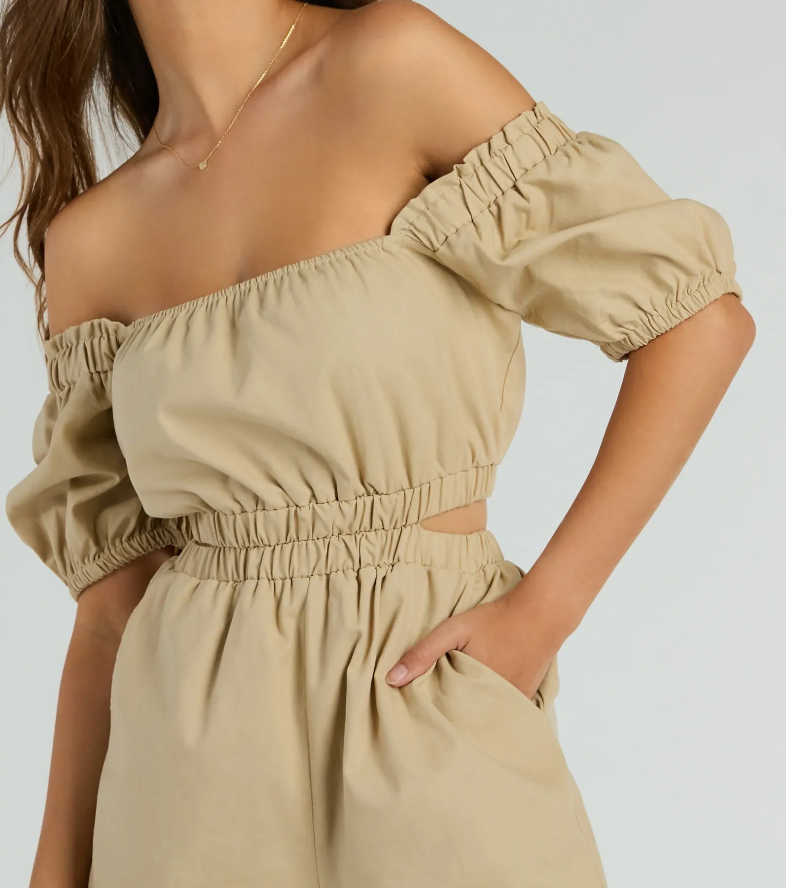 Premium Linen Romper with Puff Sleeves & Cutout Back