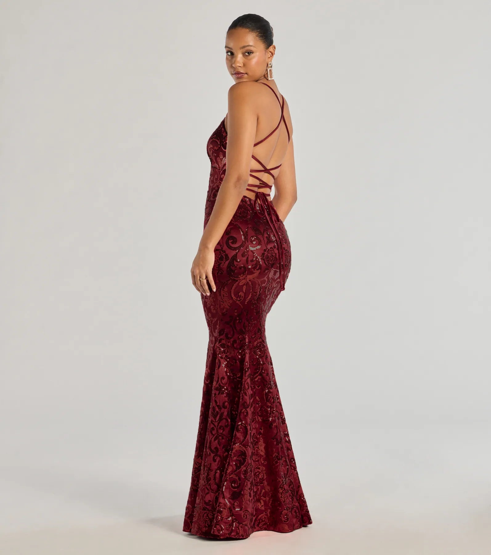 Ultimate Saskia Lace-Up Mermaid Sequin Satin Formal Gown