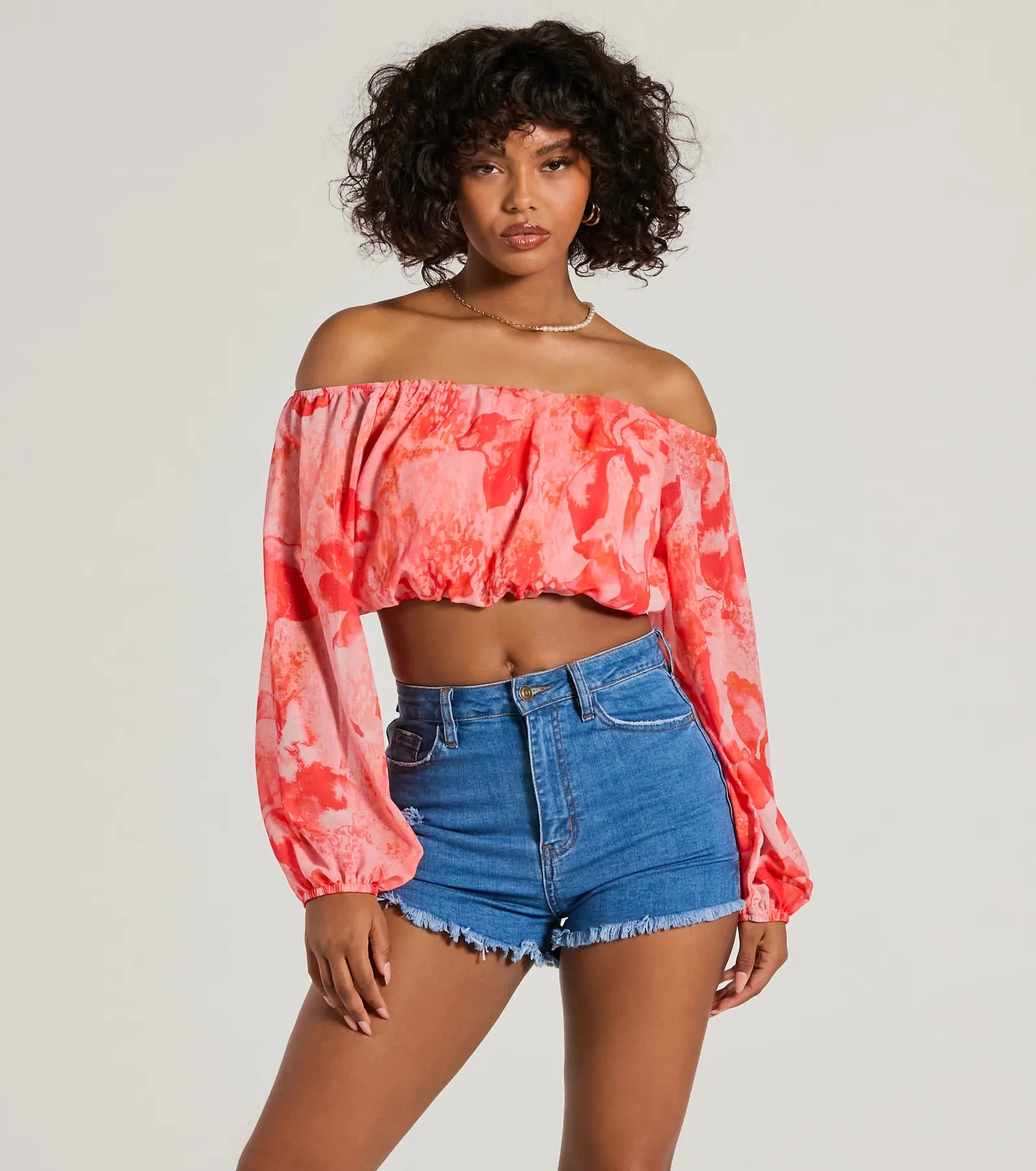 Premium Sunset Beauty Off-The-Shoulder Marble Chiffon Crop Top