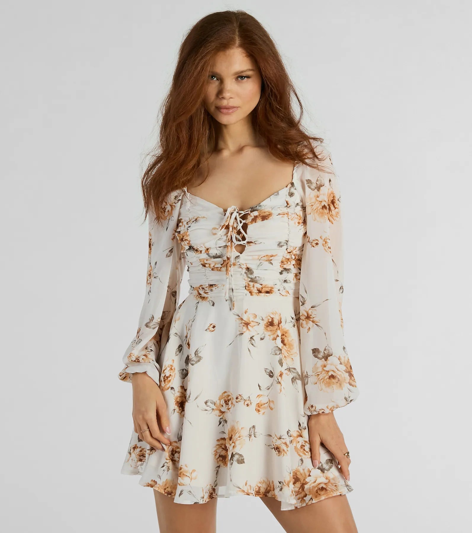 Premium Floral Chiffon Skater Dress with Lace-Up Detail