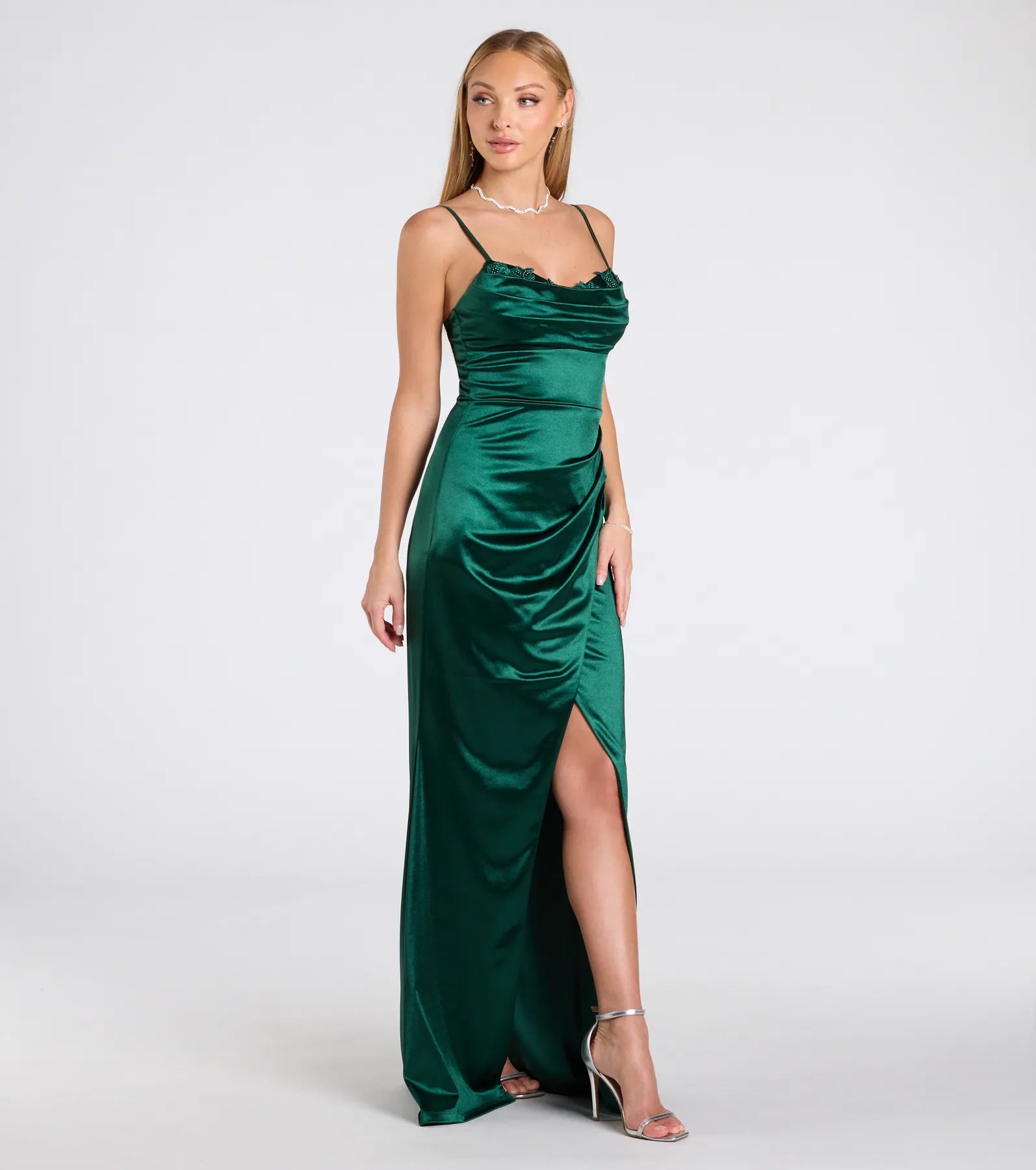 Premium Michelle Satin Formal Dress with Embroidered Applique