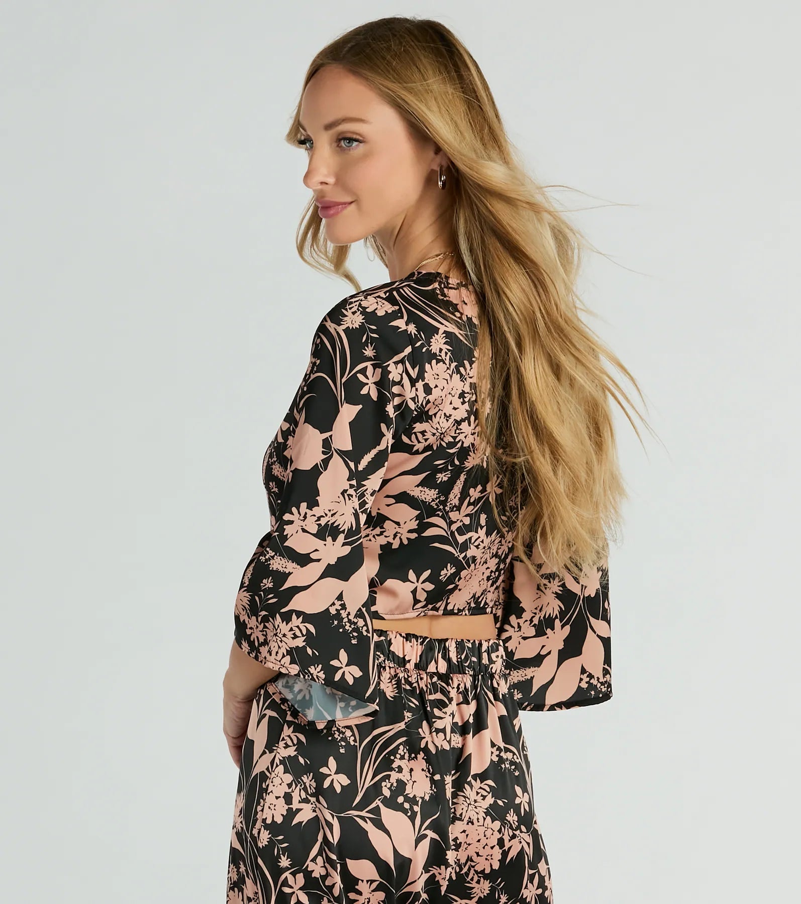 Premium Floral Satin Kimono Crop Top with Tie-Front Detail