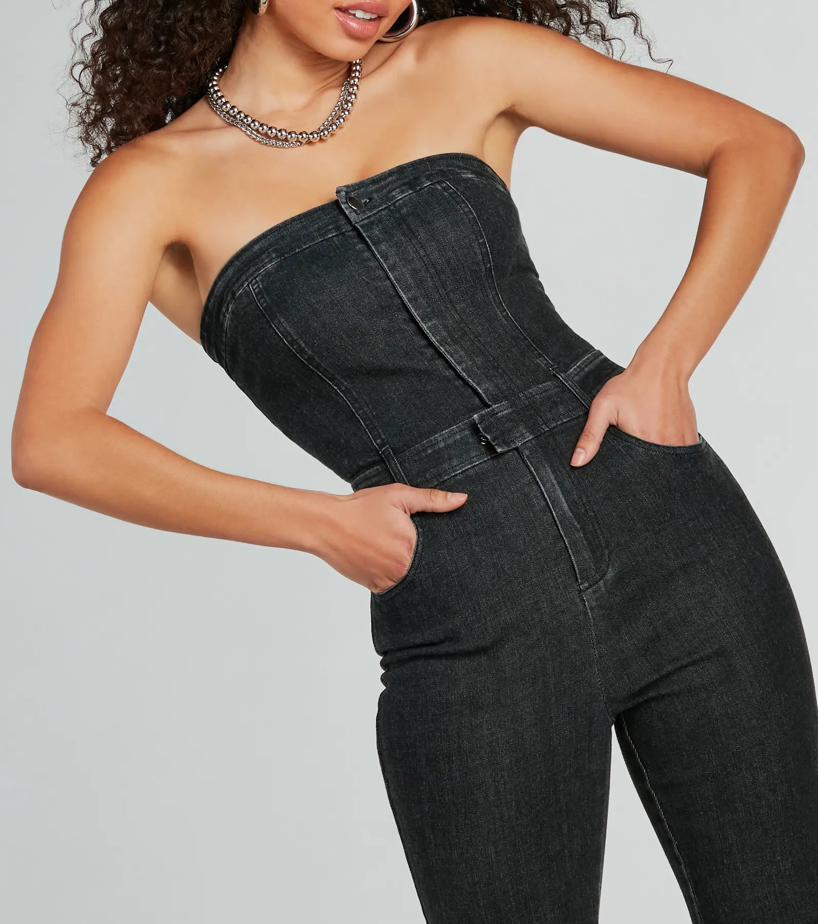Ultimate Retro Strapless Denim Jumpsuit - Premium Flare Design
