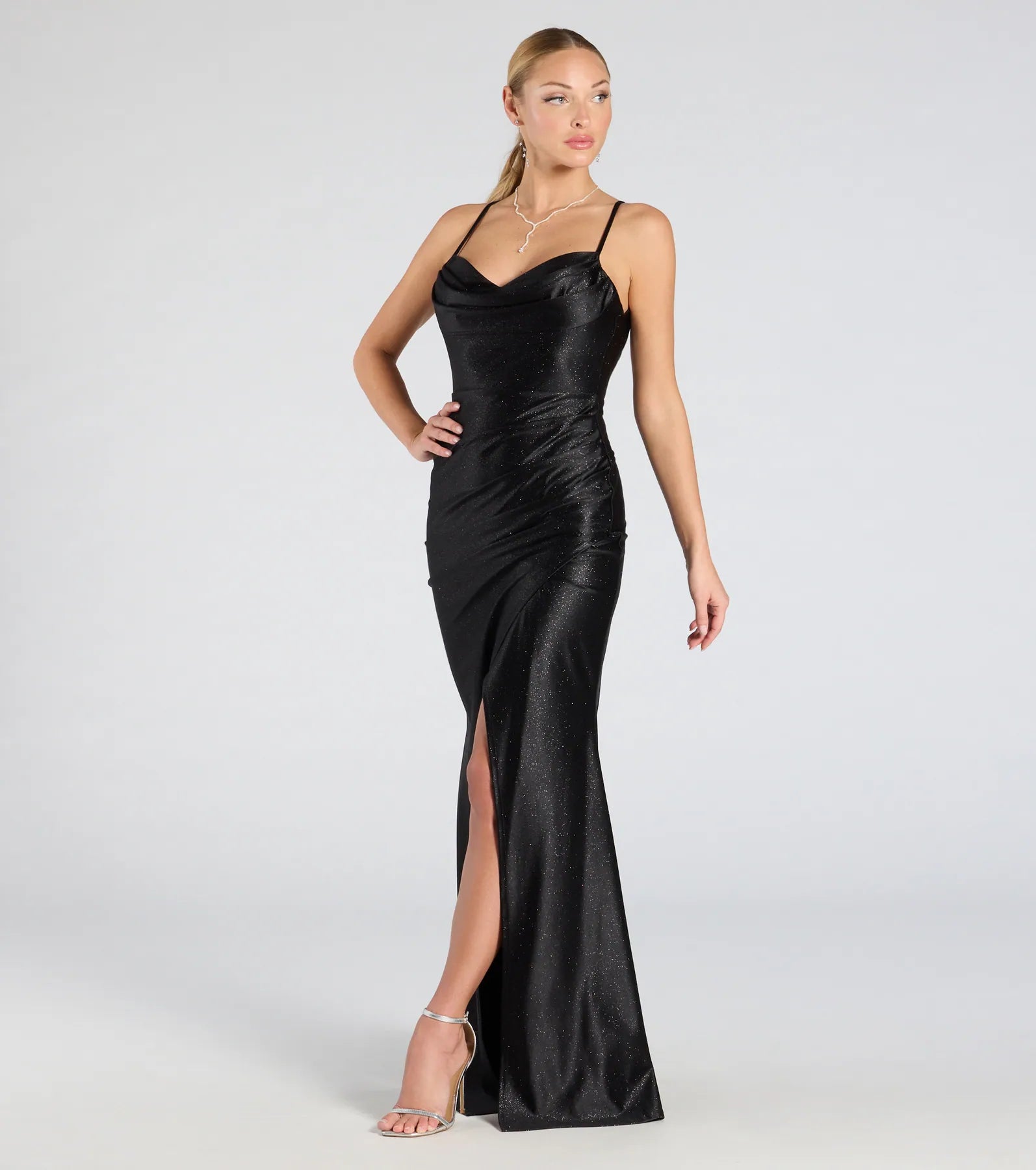 Premium Joyce Glitter Wrap Dress | Open Back Formal Gown