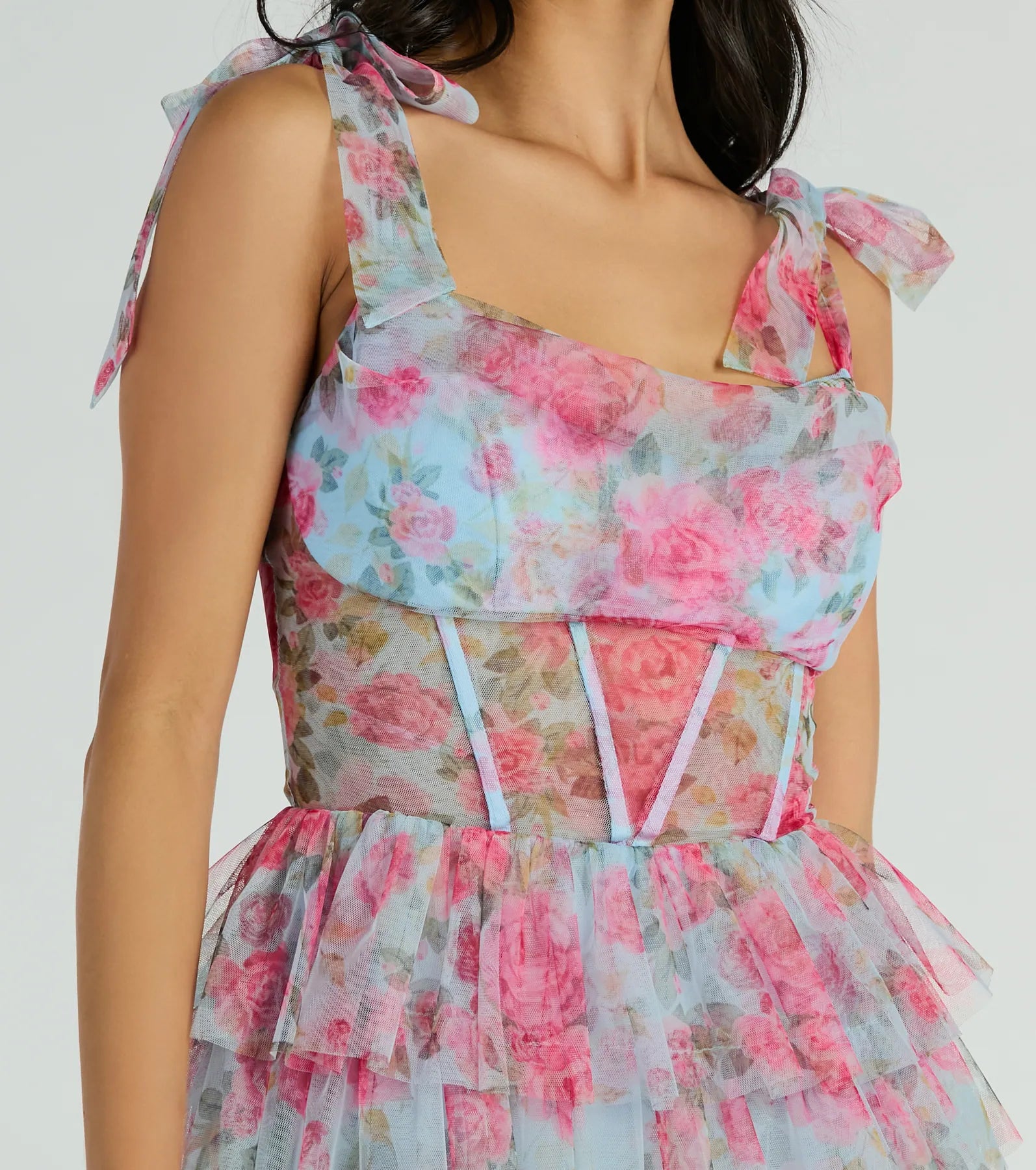 Premium Mandy Floral Corset Party Dress - Elegant Rose A-Line Design