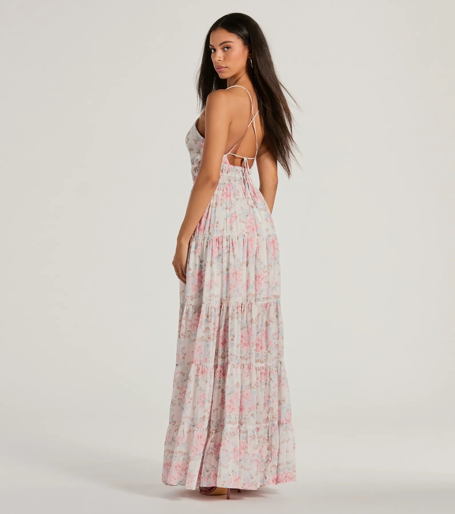 Premium Floral Chiffon Maxi Dress with Lace-Up Back