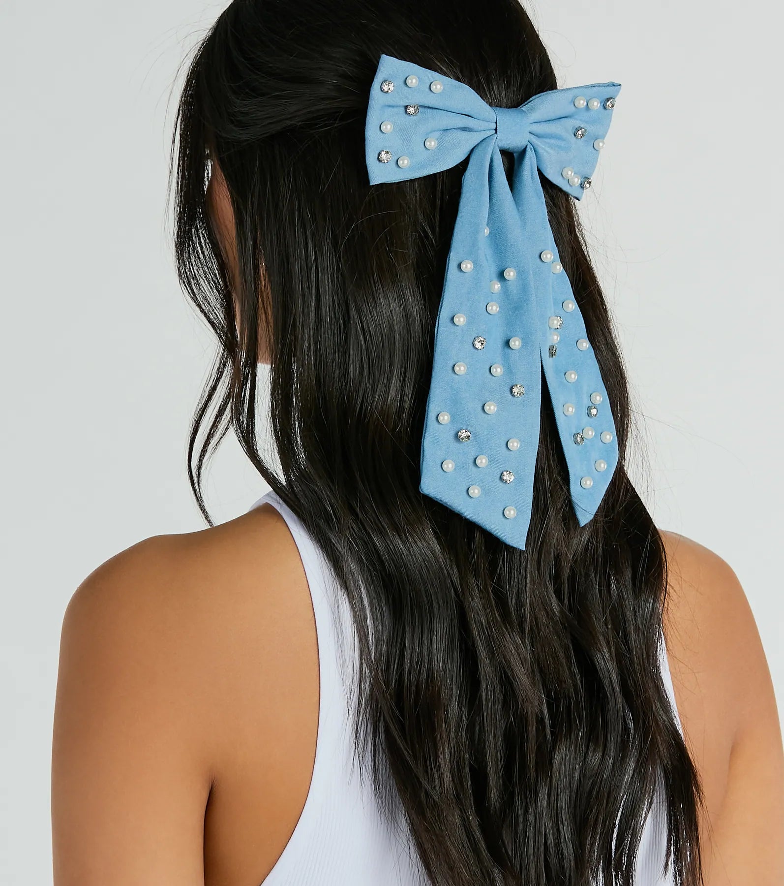 Premium Faux Pearl Denim Hair Bow Barrette with Rhinestones