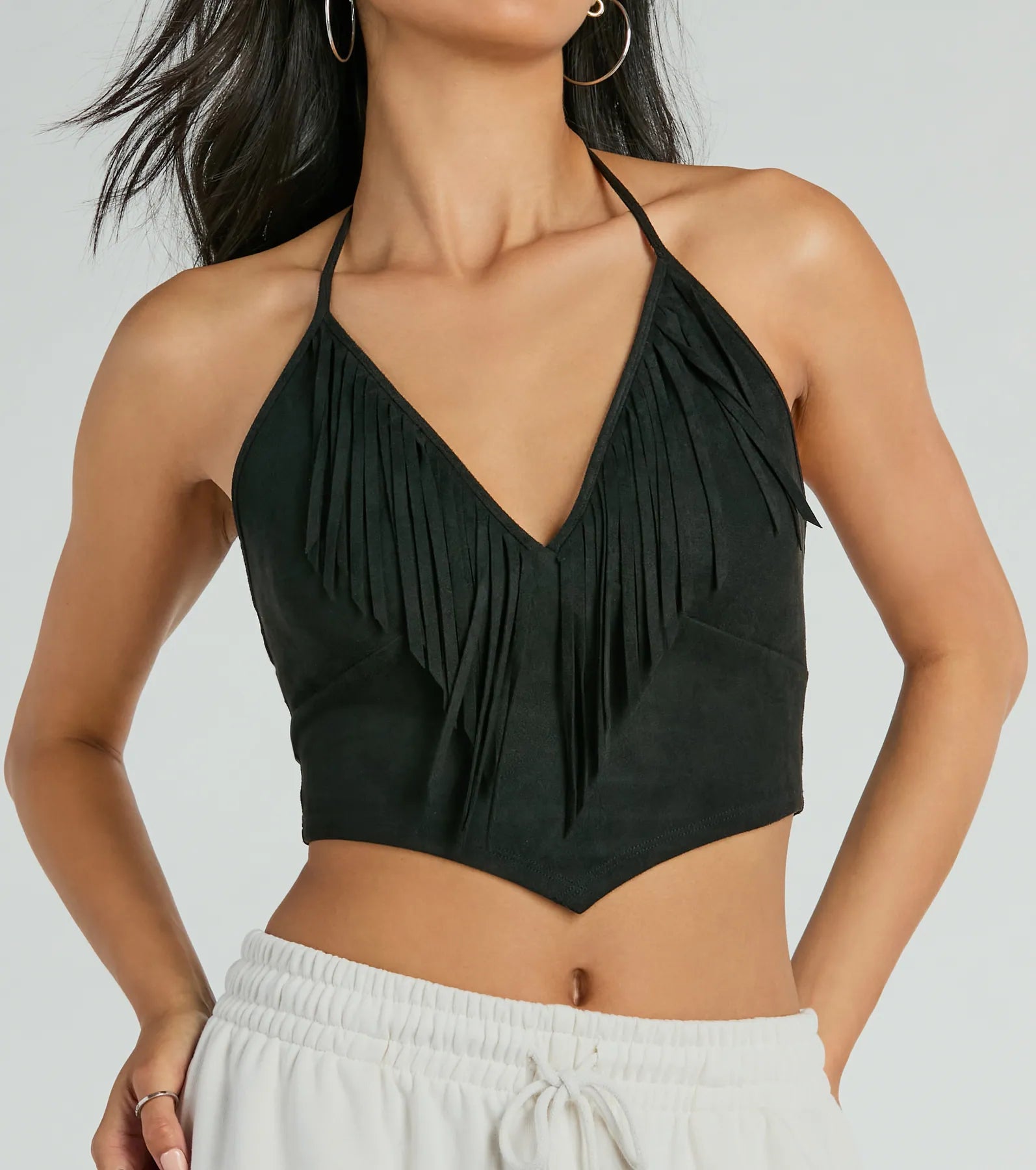 Ultimate Festive Icon V-Neck Fringe Halter Faux Suede Crop Top