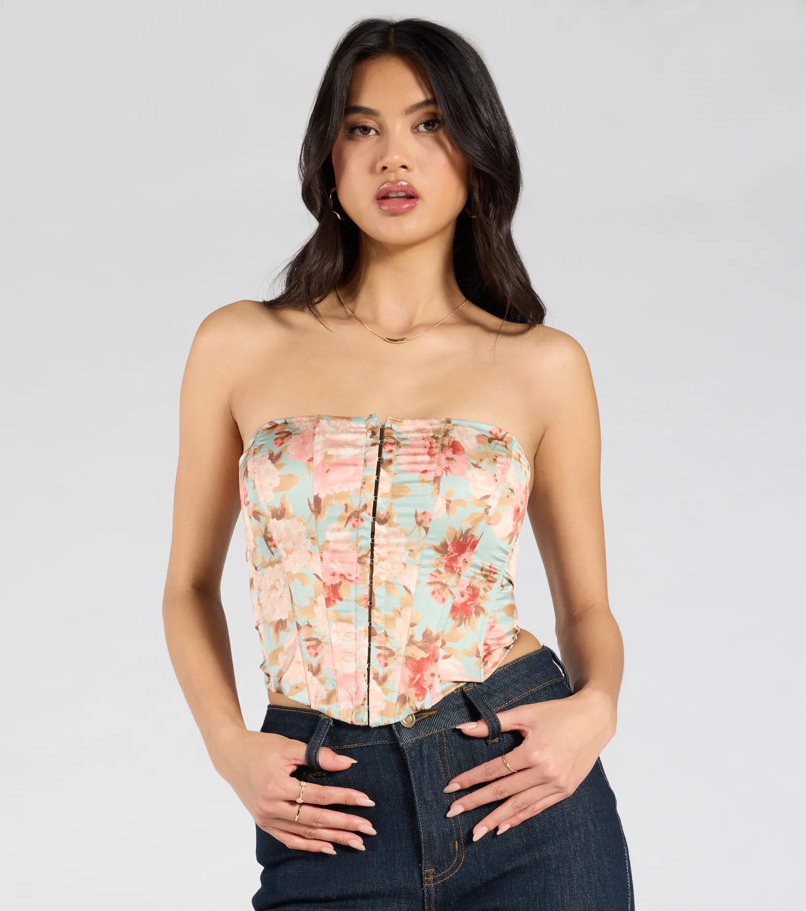 Premium Floral Satin Corset Top with Lace-Up Back