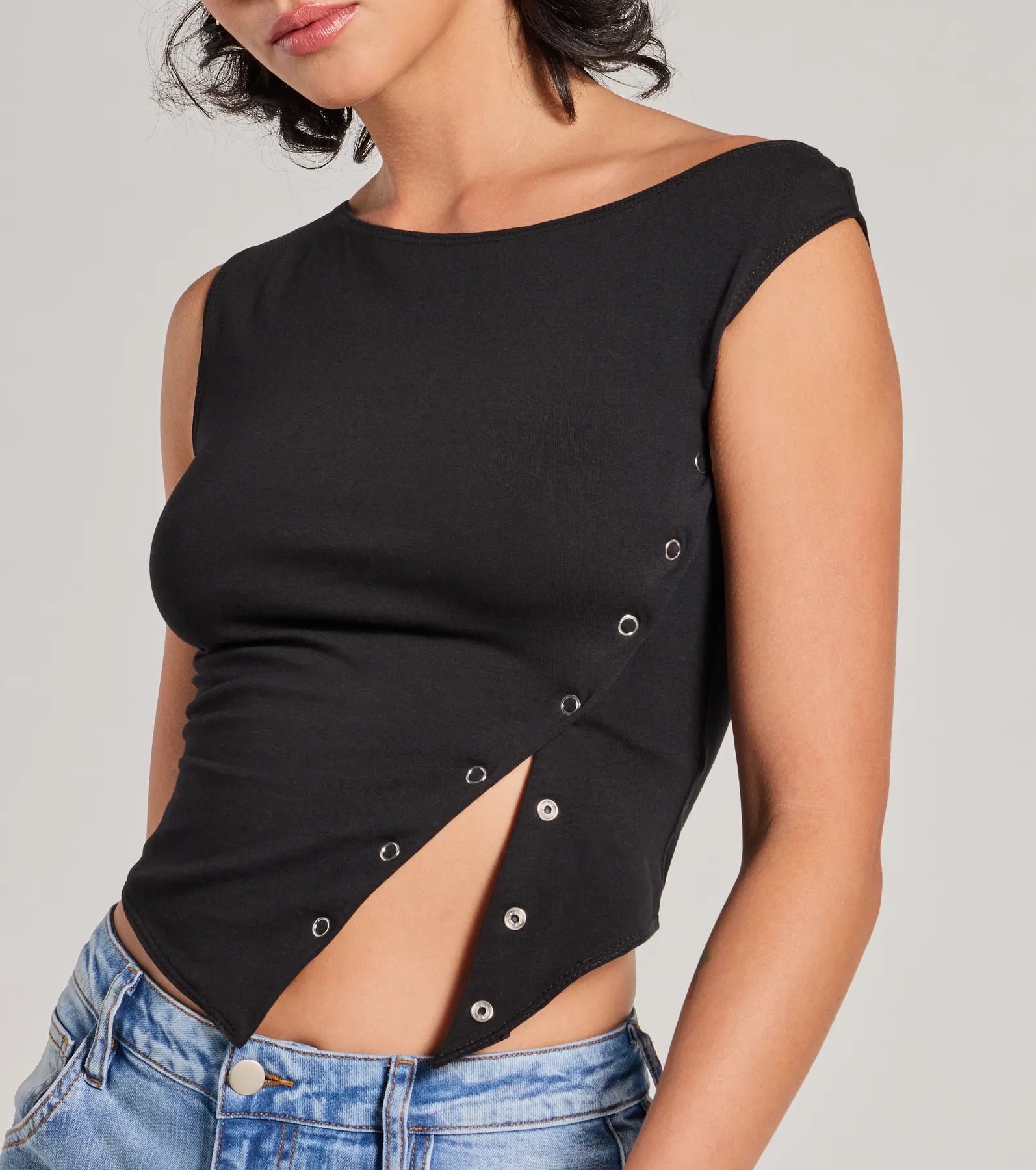 Premium Minimalist Off-Shoulder Crop Top with Snap Buttons