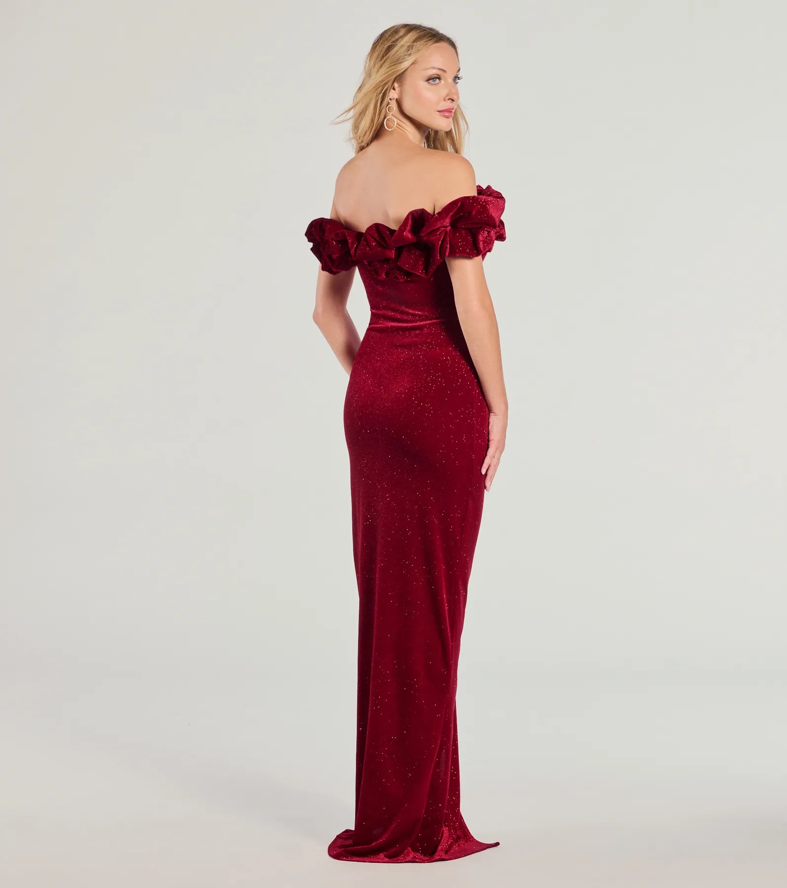 Premium Florence Glitter Velvet Off-The-Shoulder Evening Gown