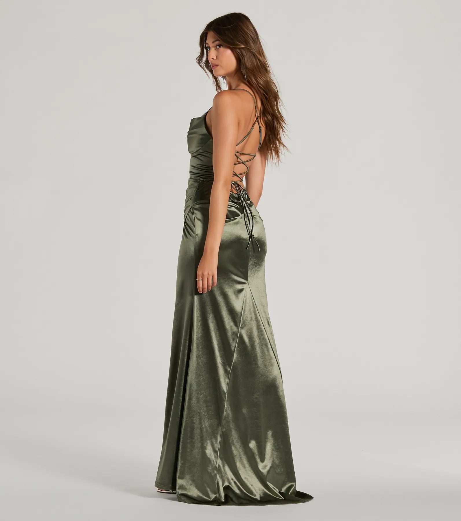 Premium Dani Cowl Neck Lace-Up Satin Evening Gown