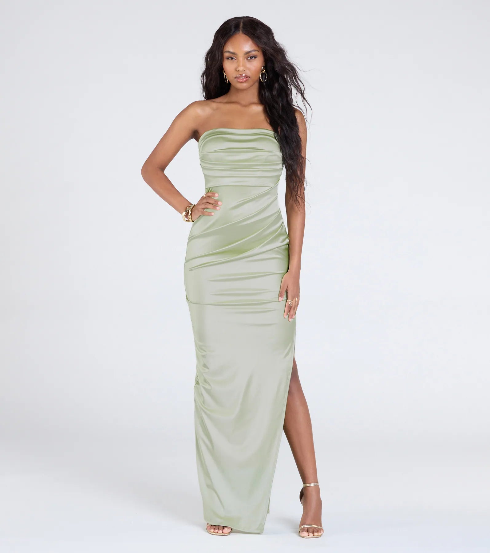 Brianna Premium Satin Strapless Evening Gown with High Slit