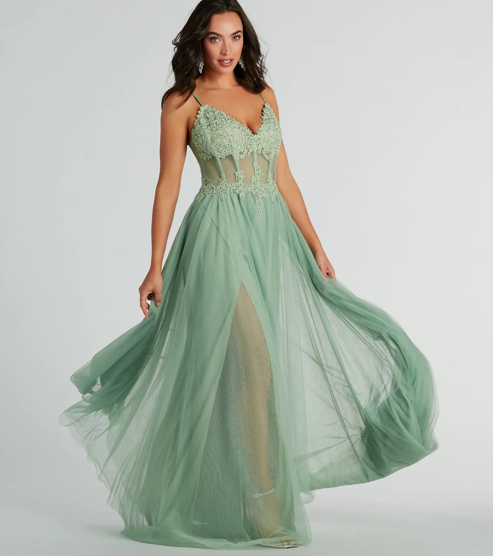 Fatima Premium Embroidered V-Neck Tulle Gown