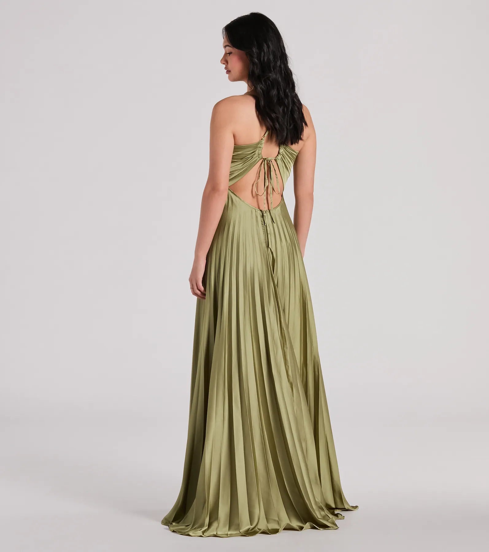 Charlie Luxe Lace-Up A-Line Pleated Satin Evening Gown