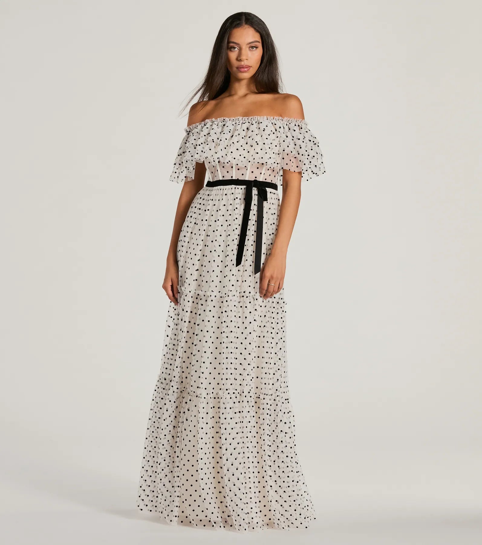 Premium Aria Ruffled Off-The-Shoulder Polka Dot Mesh Formal Dress – Ultimate Elegance