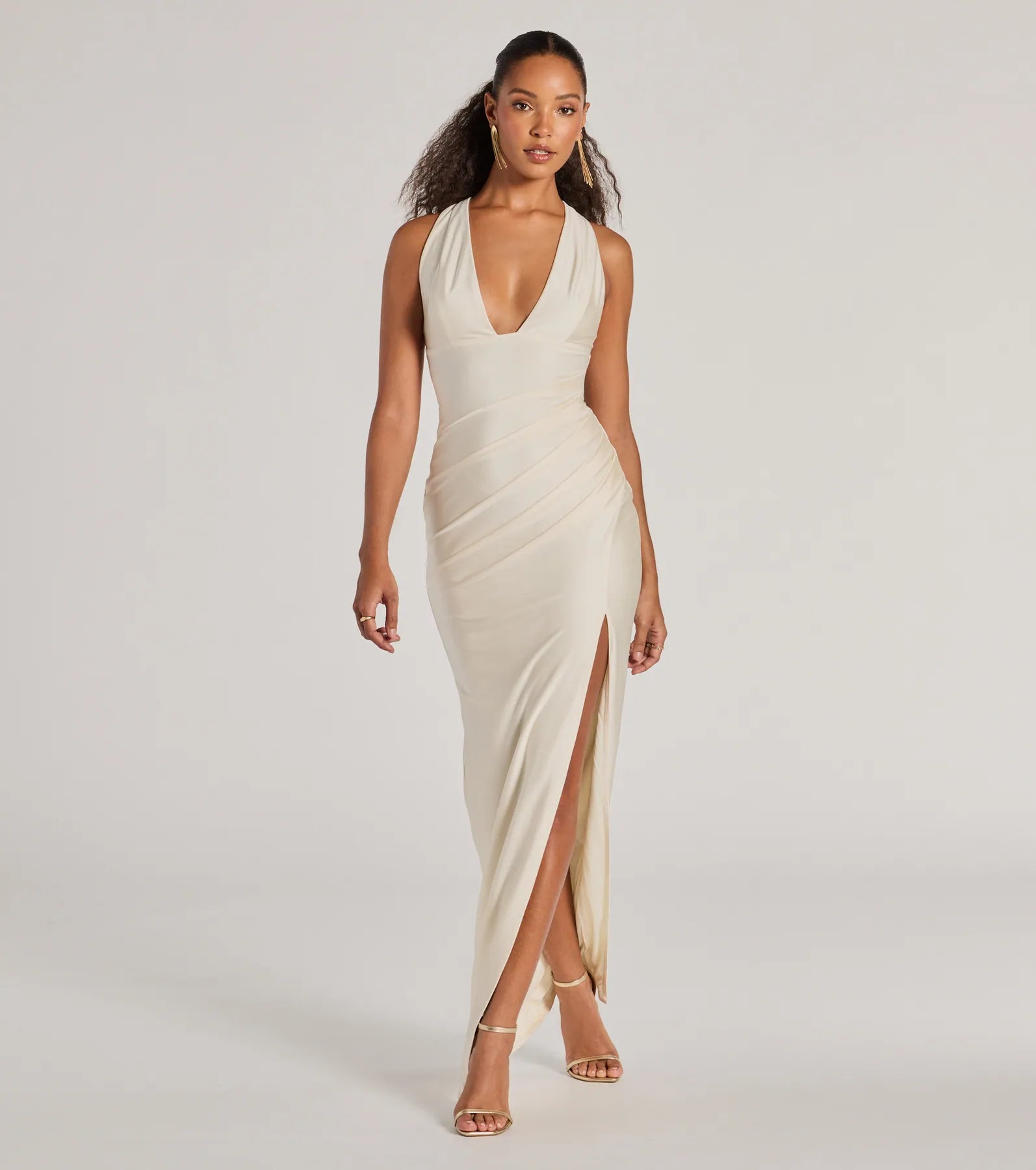 Premium Jenn V-Neck Strappy Back Slit Long Formal Dress - Ultimate Elegance