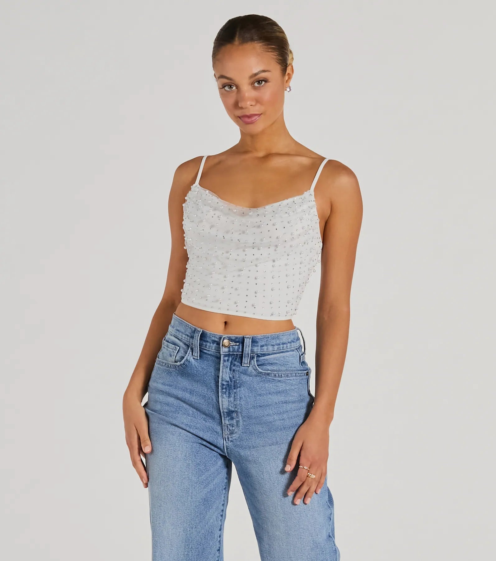 Ultimate Glam Faux Pearl Rhinestone Crop Top