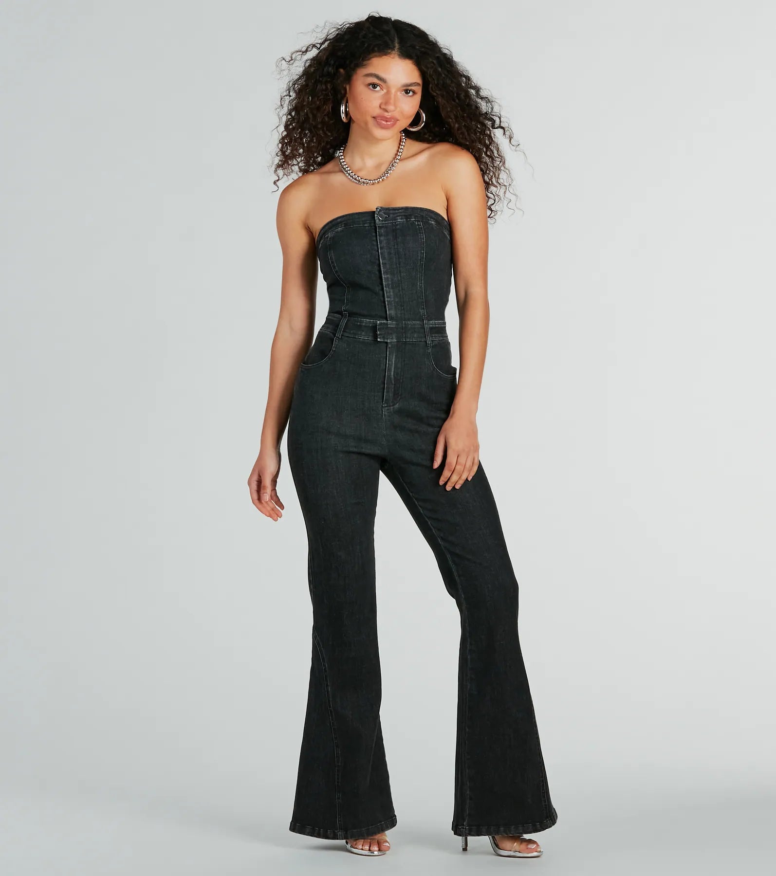 Ultimate Retro Strapless Denim Jumpsuit - Premium Flare Design